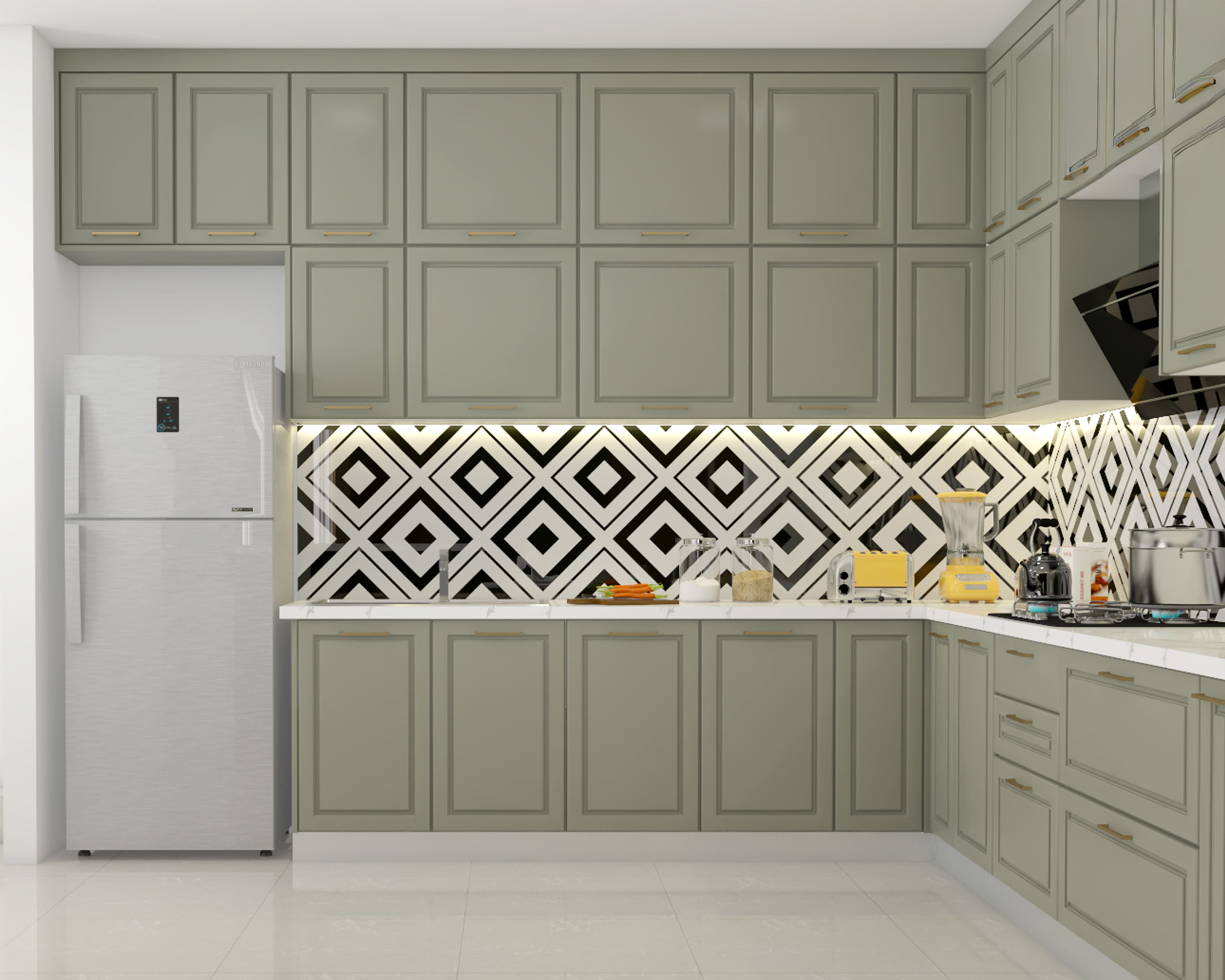 L-Shaped Kitchen Design with Sage Green Cabinetry, Patterned Backsplash and Quartz Counter