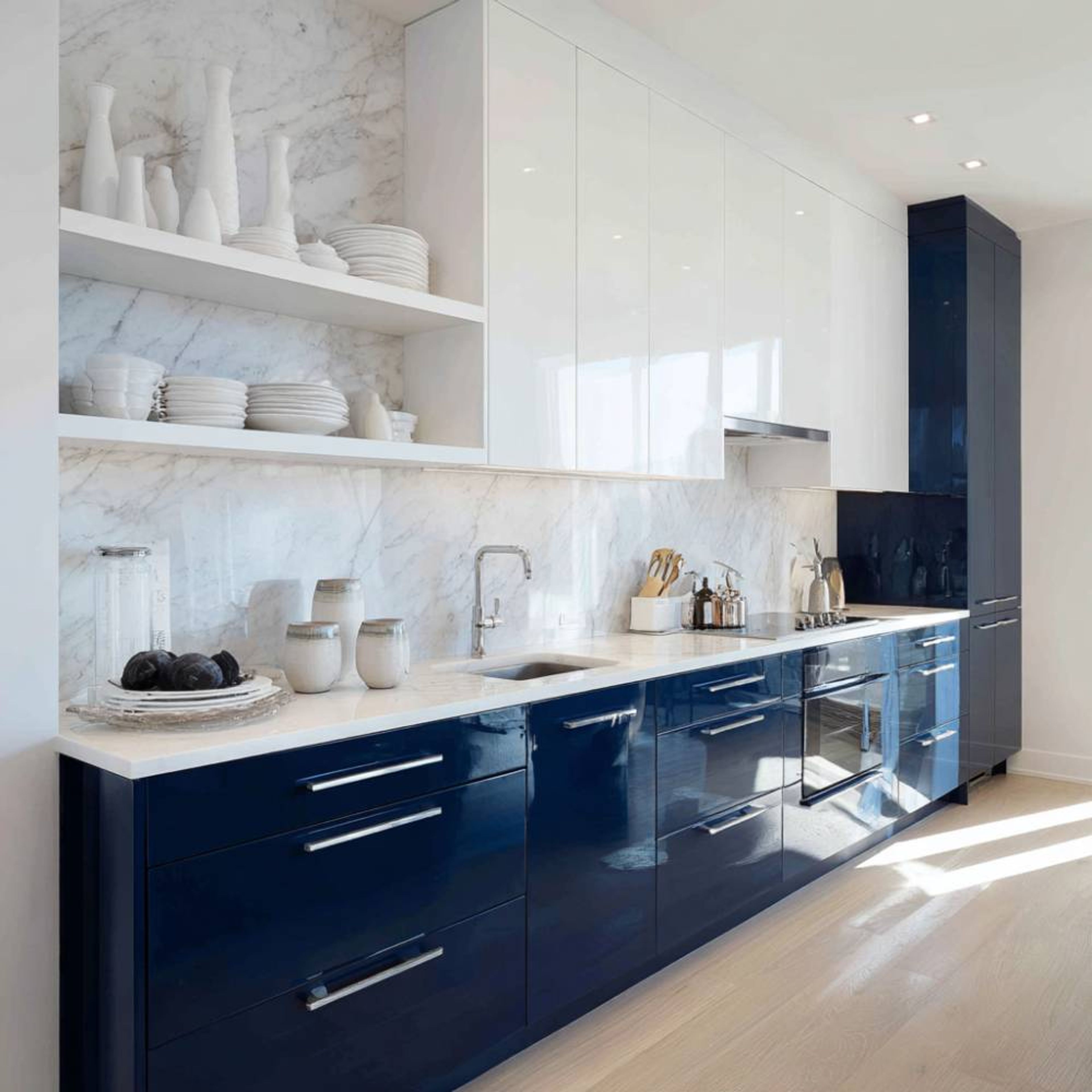 Modern Open Kitchen Design with Yellow Backsplash and Quartz Countertop