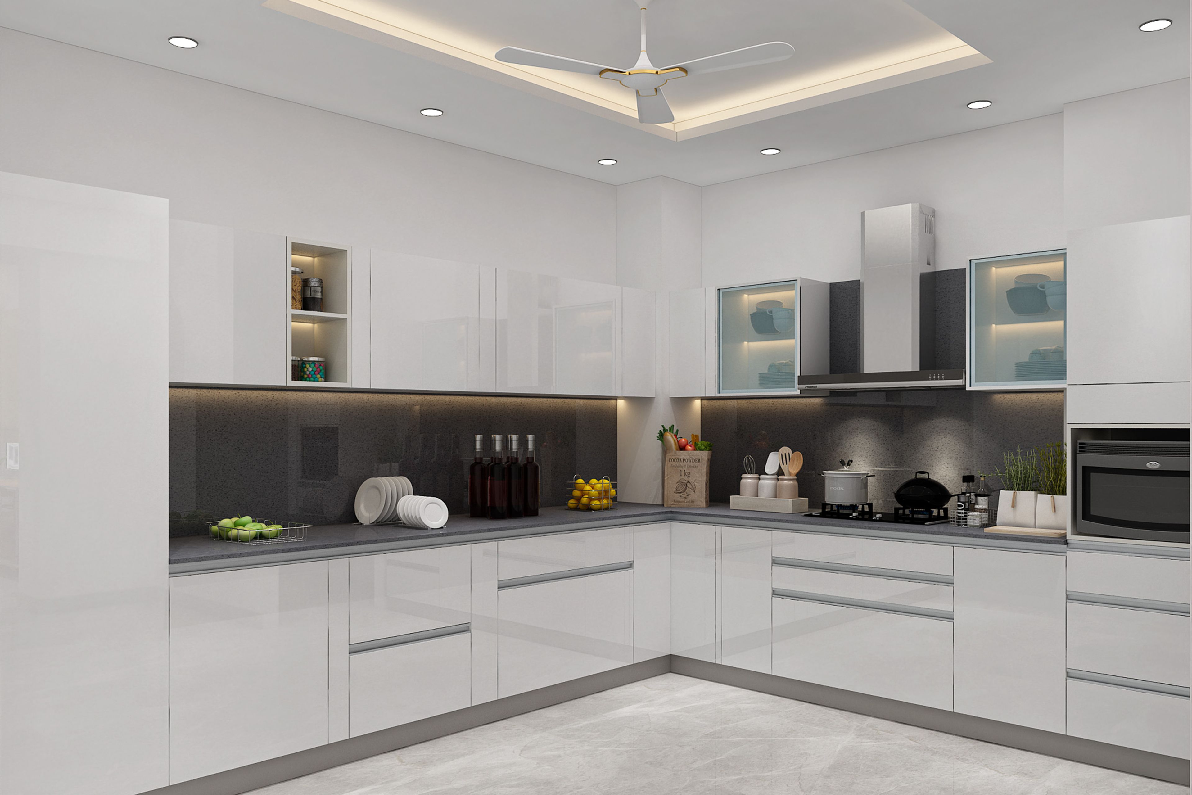 L-Shaped Kitchen Design with Glossy White Cabinets and Quartz Countertop