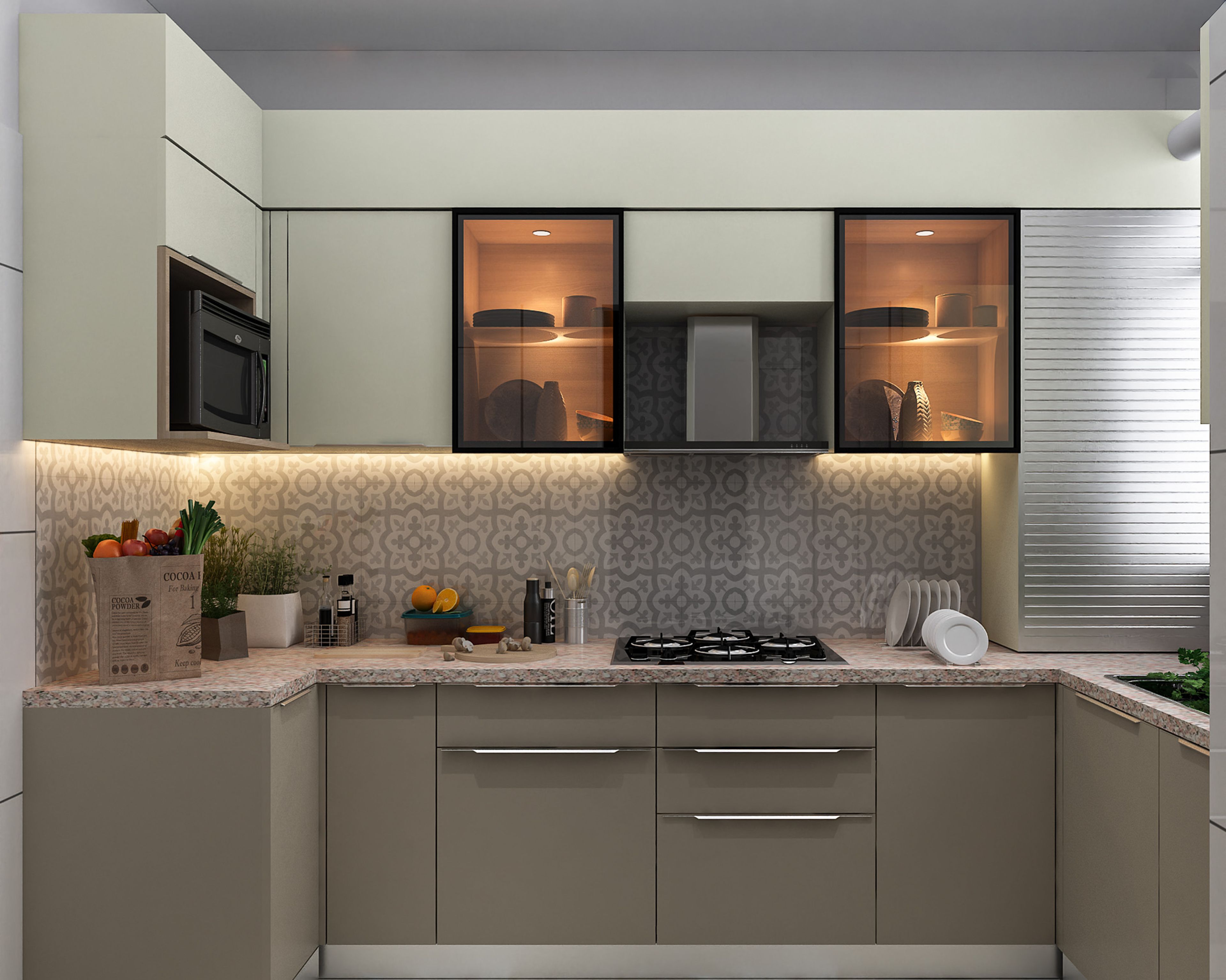 Modern U-Shaped Kitchen Design with Grey and Champagne Cabinets