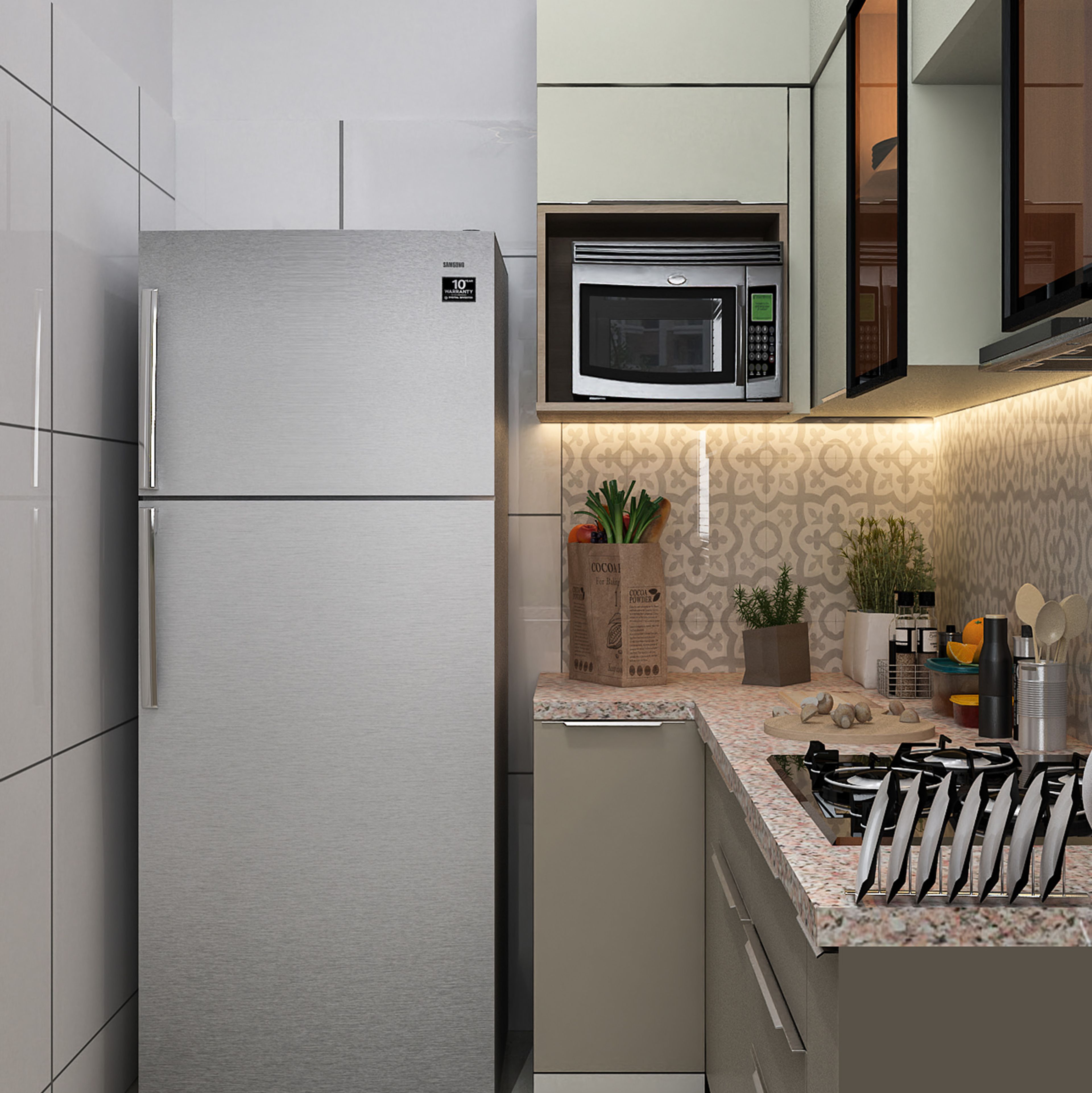 U-Shaped Kitchen Design with Grey and Champagne Cabinets and Granite Countertop