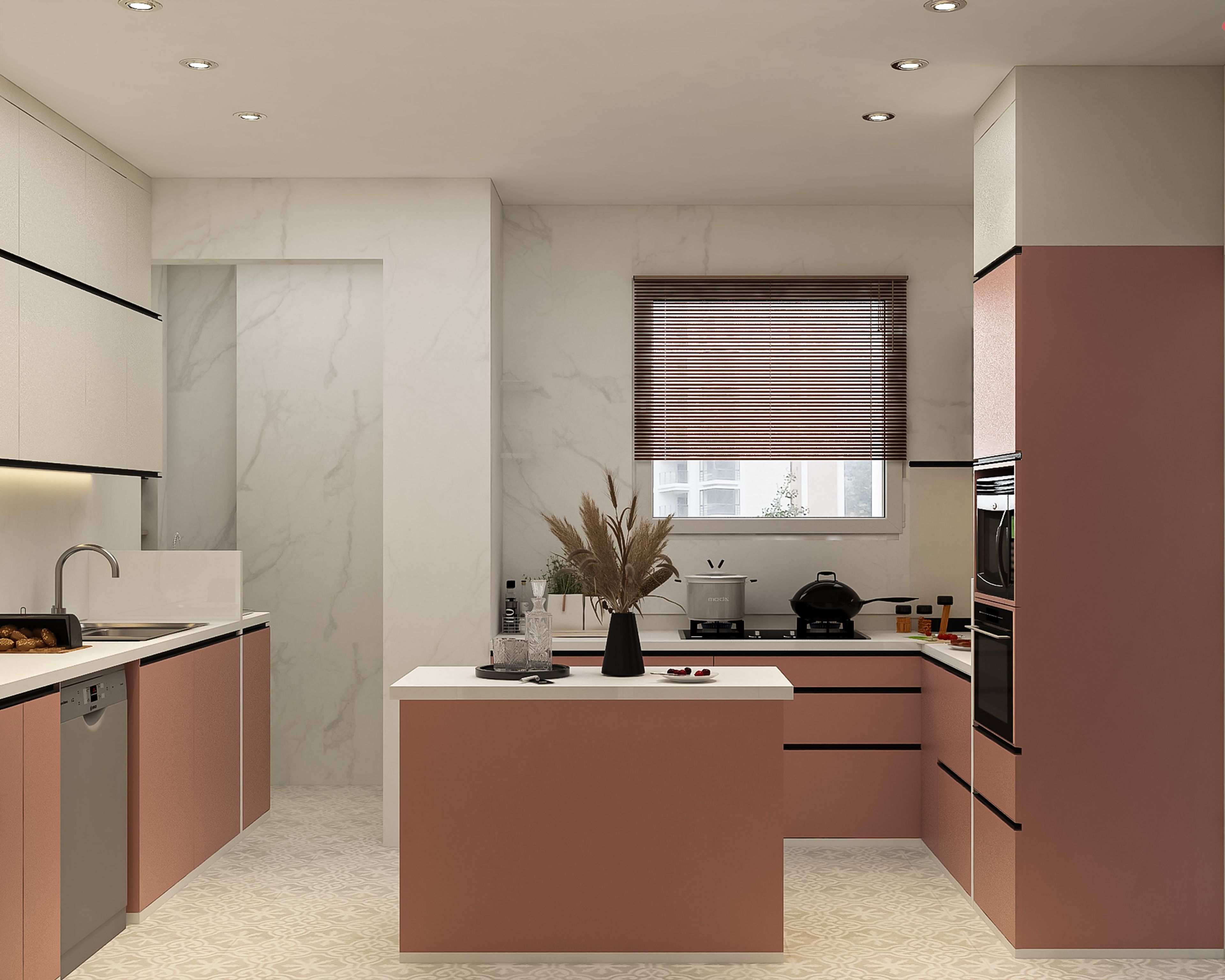 Island Kitchen Design with Quartz Countertop and Poppy and Champagne Matte Finish Cabinets