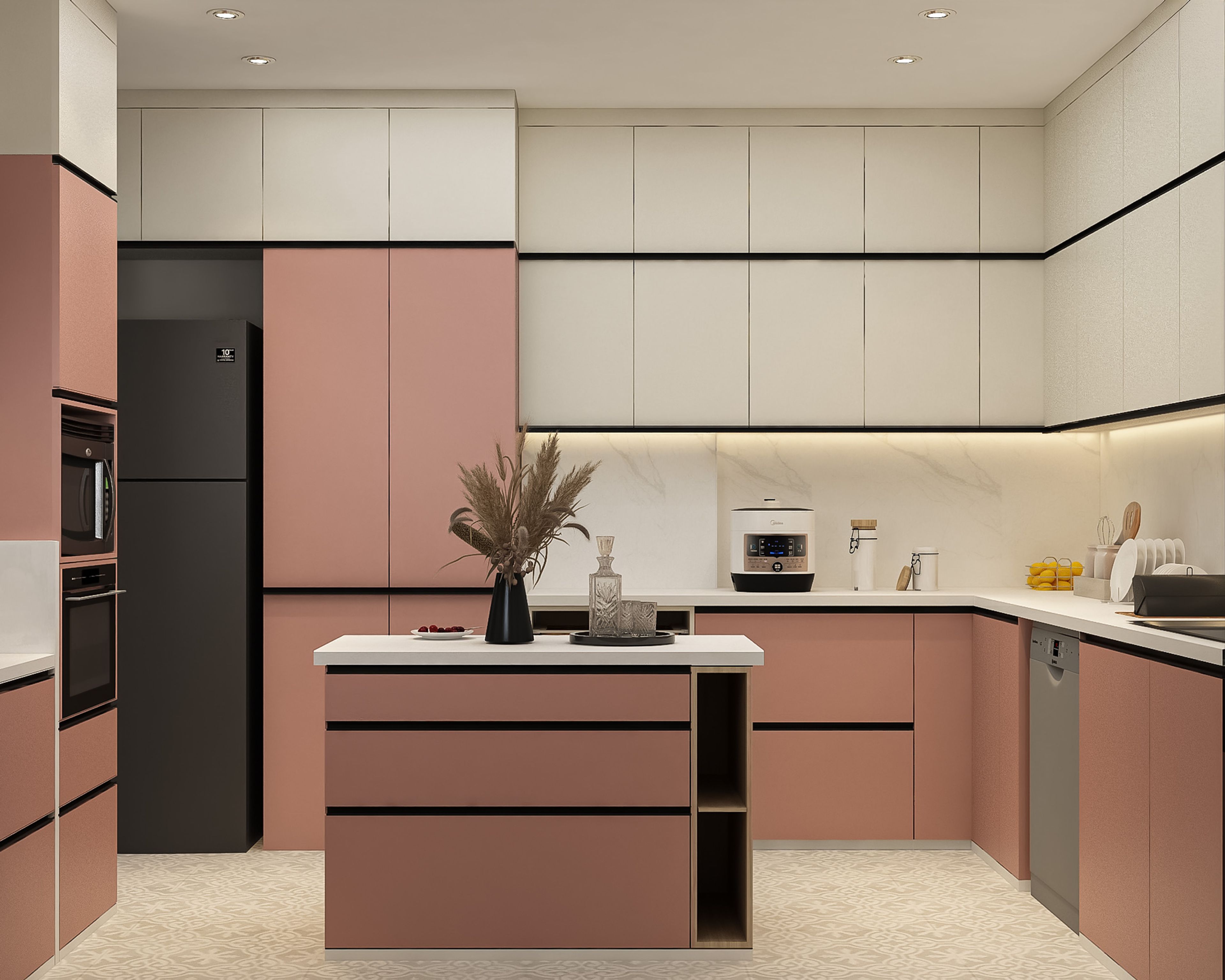 Island Kitchen Design with Quartz Countertop and Poppy and Champagne Matte Finish Cabinets