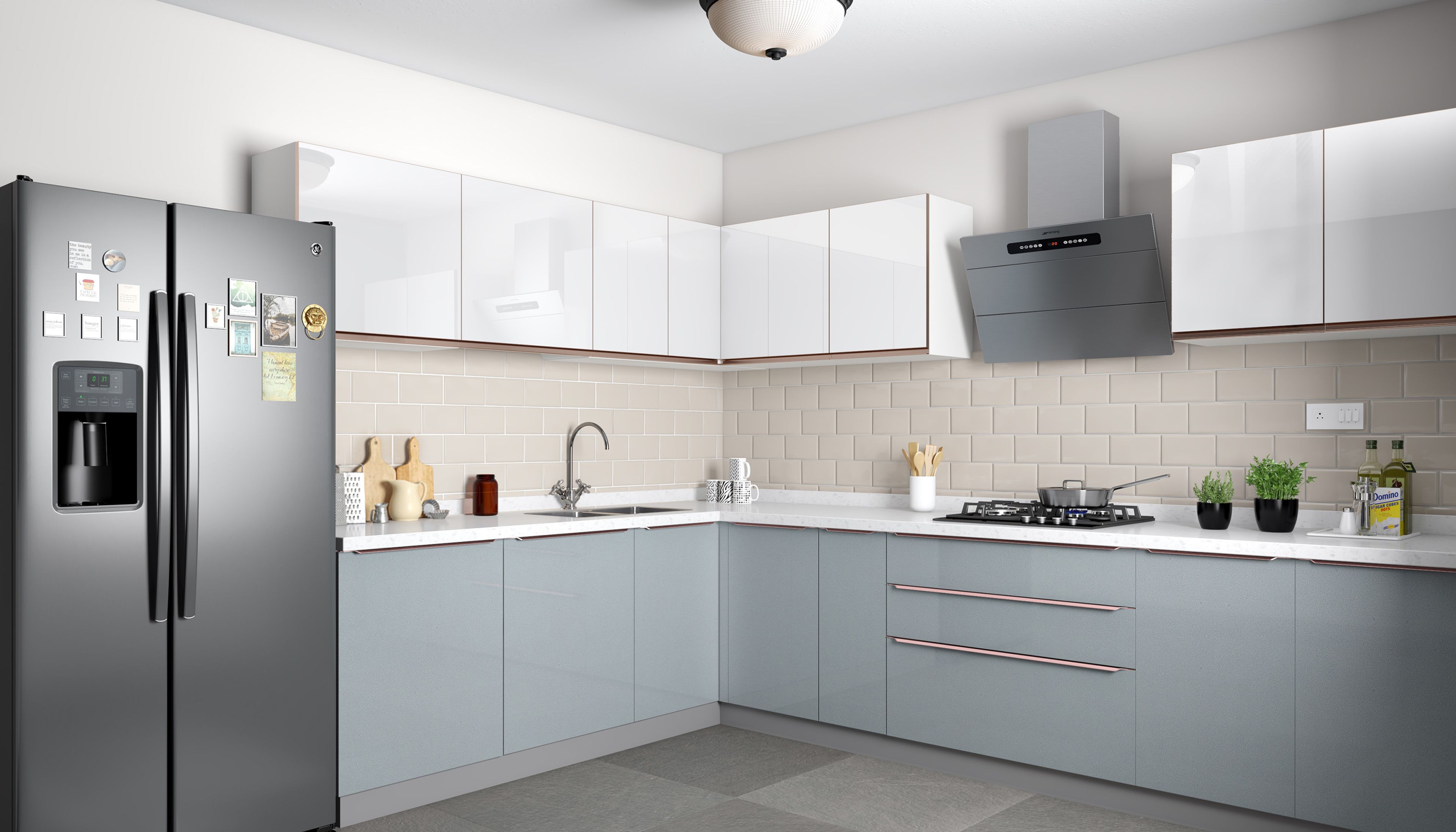 L-Shaped Kitchen Design with Blue and White Glossy Cabinets and Quartz Countertop