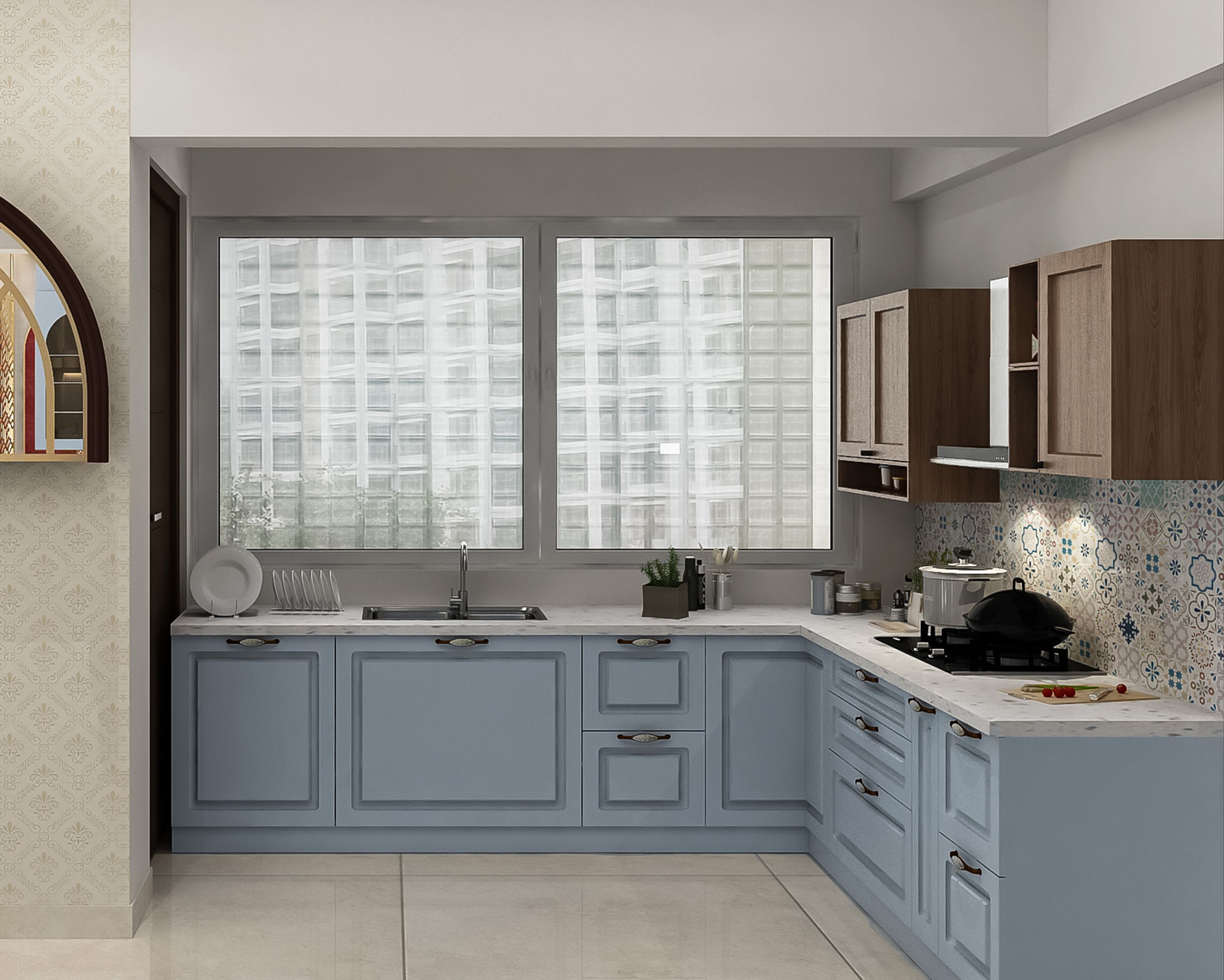 Classic L-Shaped Kitchen Design With Blue Cabinets, Quartz Top And Patterned Tiles