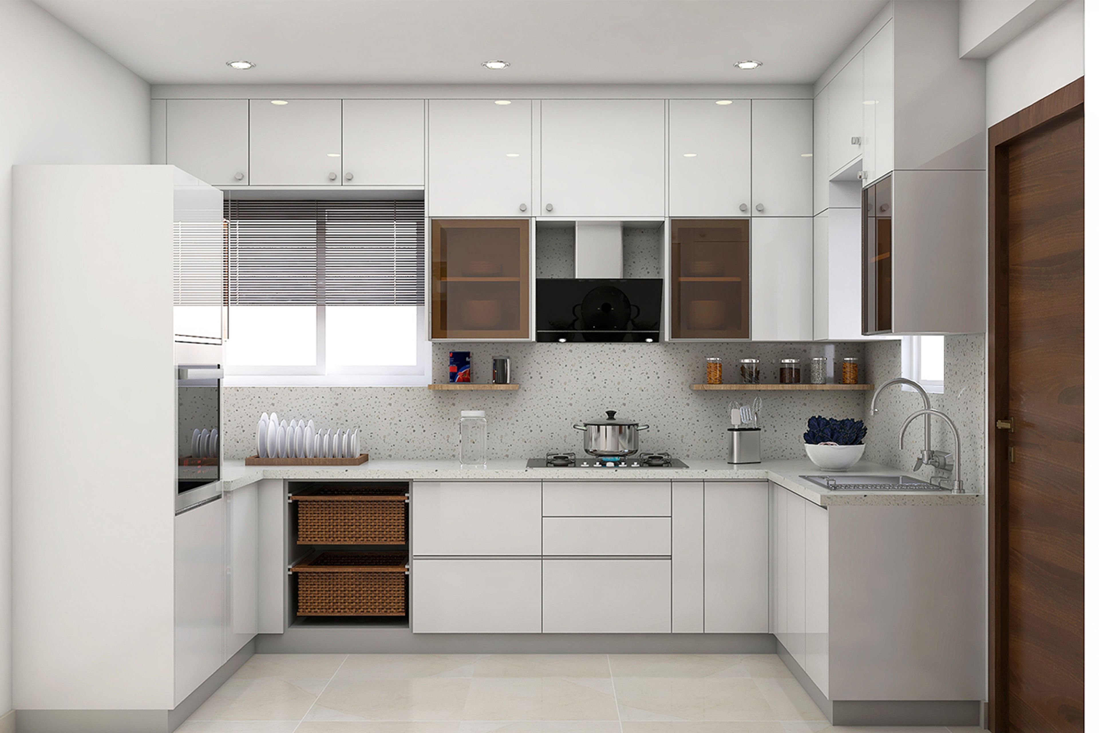 White U-Shaped Kitchen Design with Terrazzo Backsplash and Wine Niche