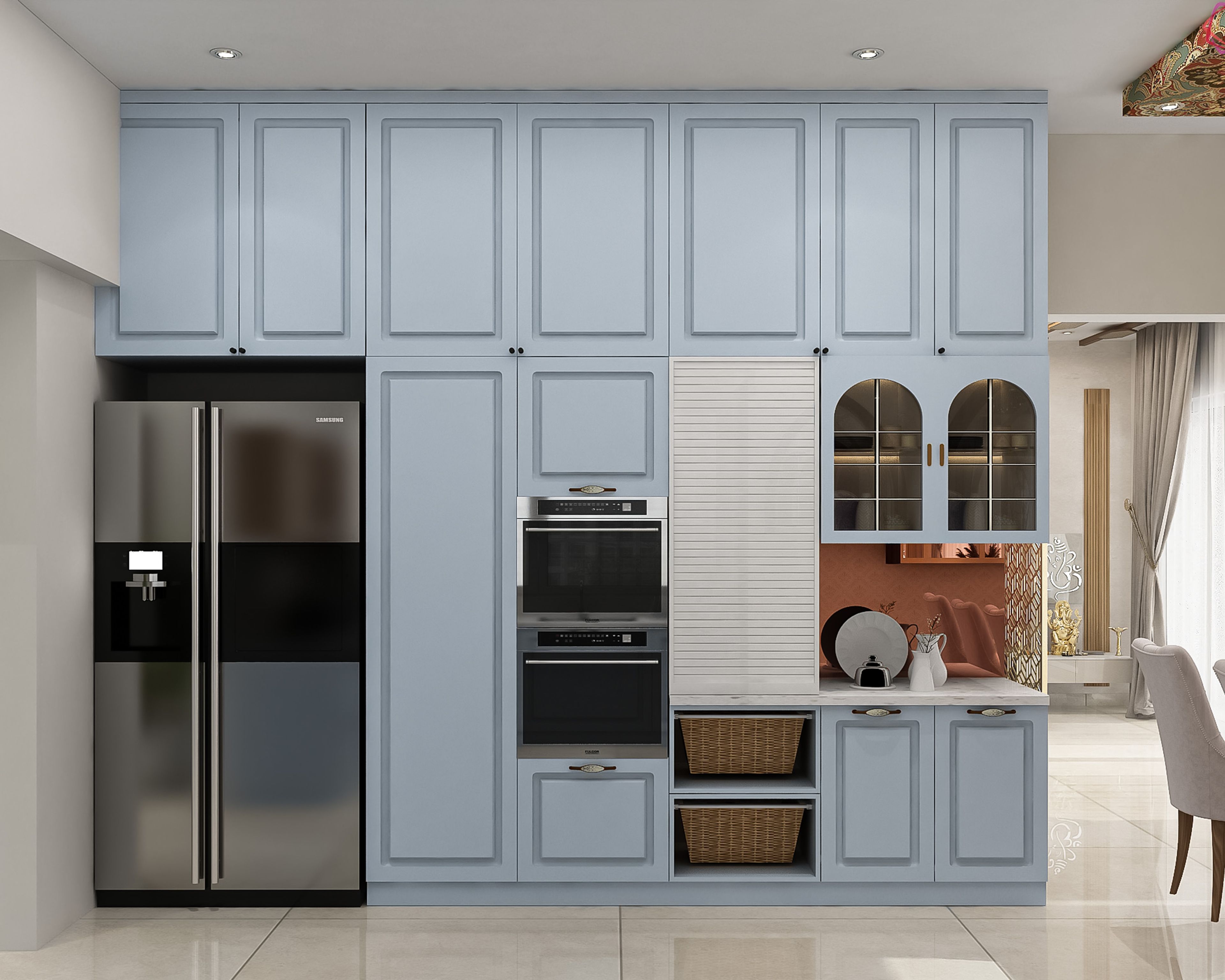 L-Shaped Kitchen Design With Blue Cabinets, Quartz Top And Patterned Tiles