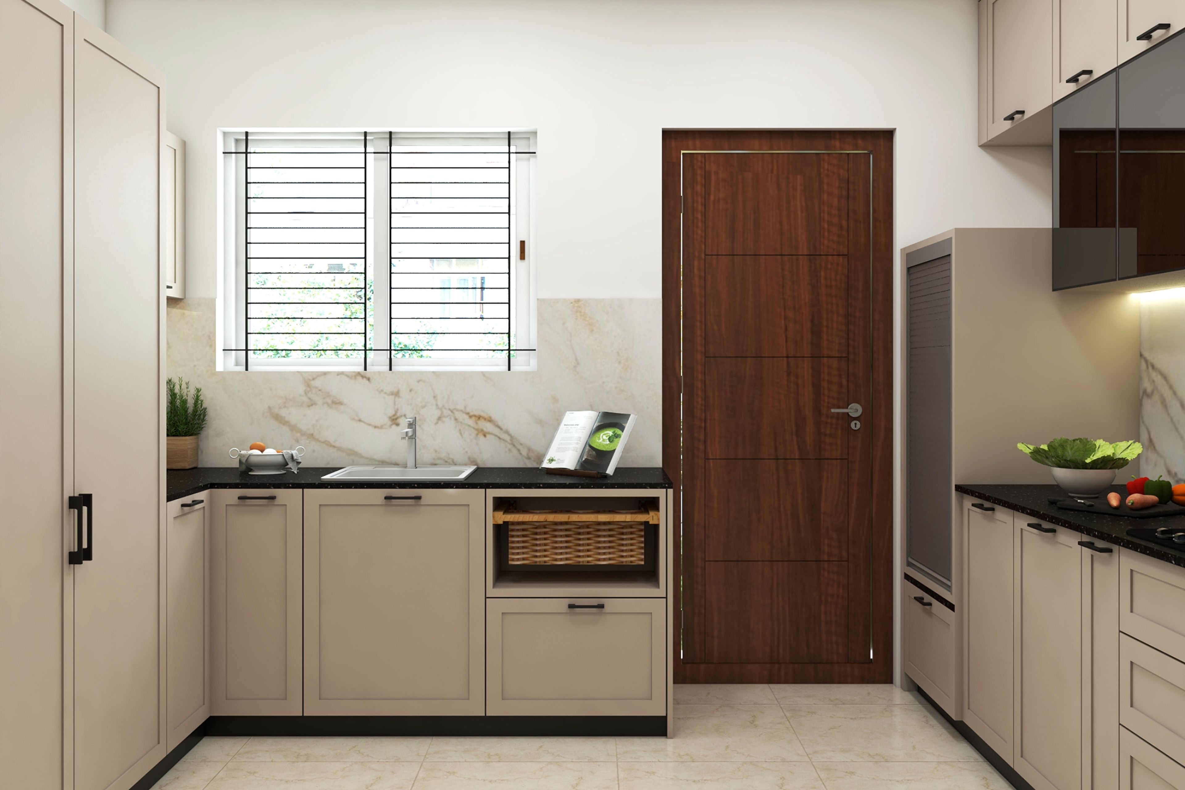 Classic Parallel Kitchen Design with Glass Cabinets and Stone Backsplash