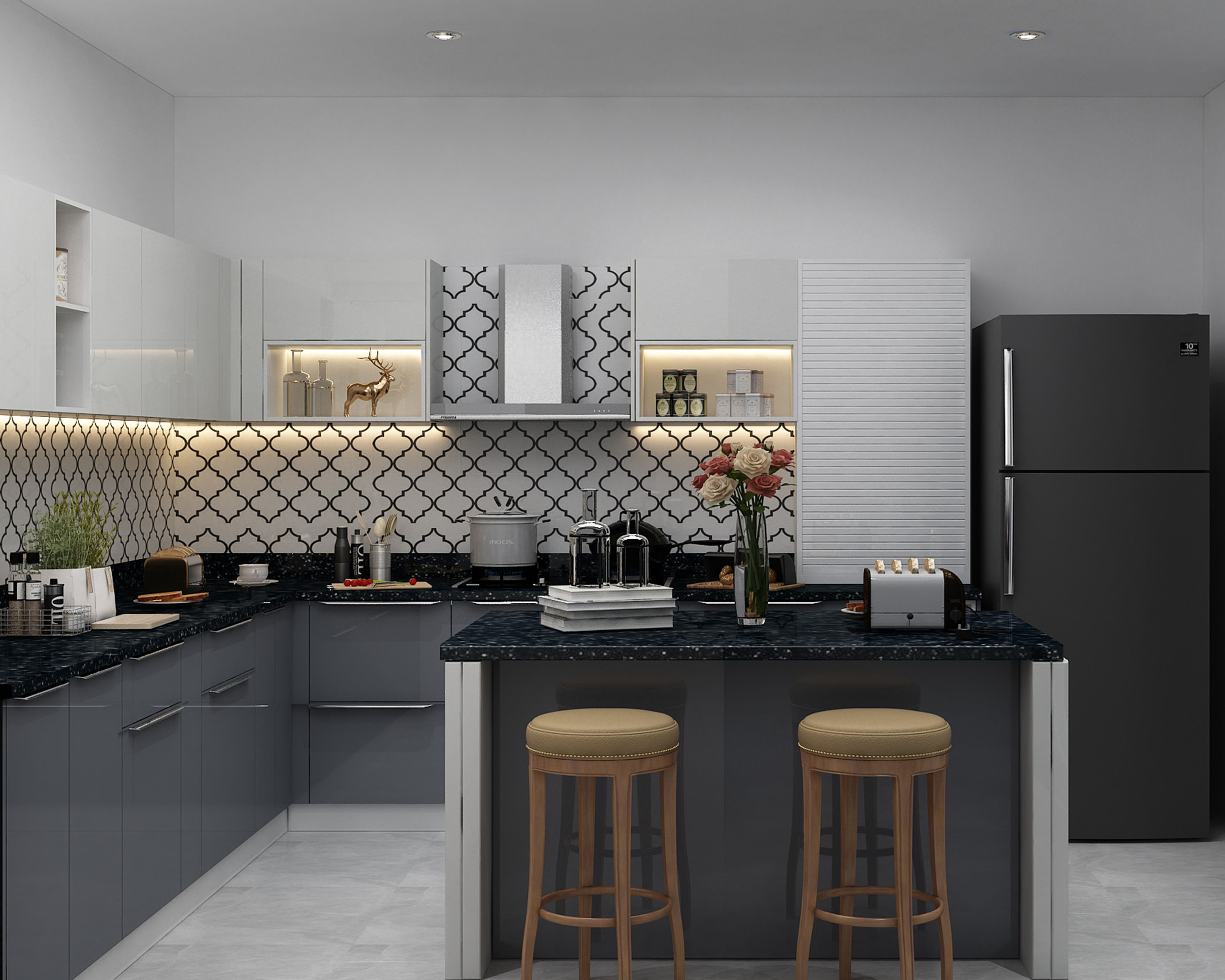 Grey and White Modern Island Kitchen Design with Lattice Backsplash