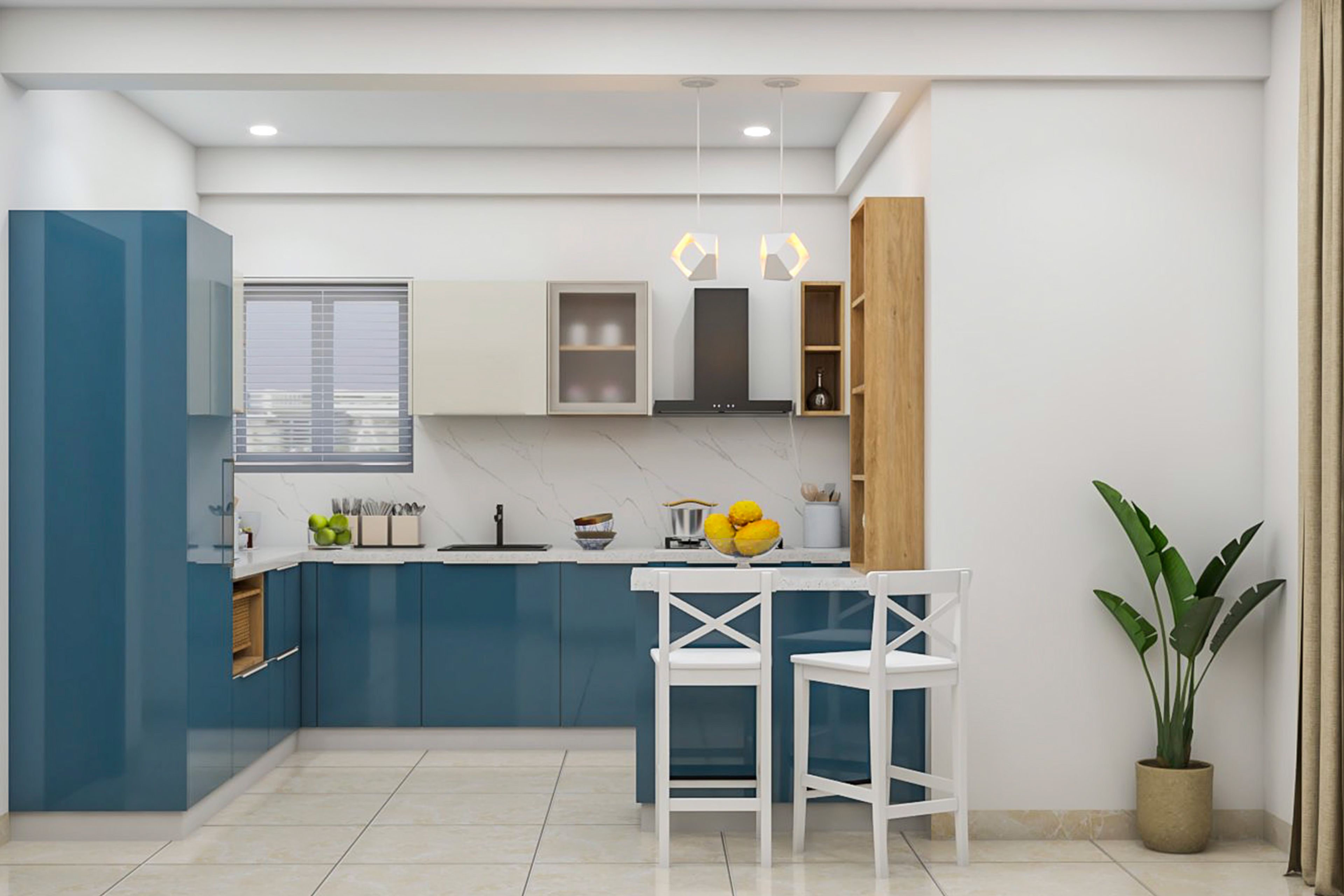 Contemporary Two-Tone L-Shaped Kitchen Design with Breakfast Bar