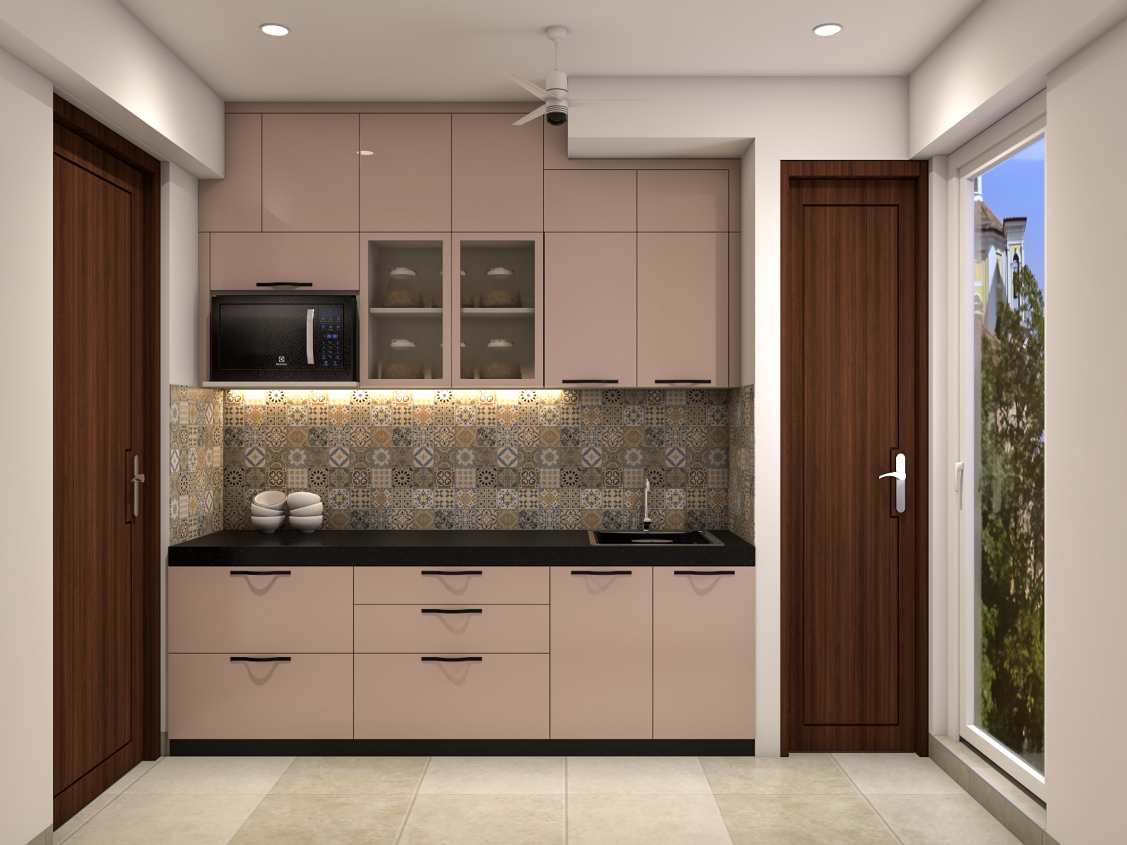Modern Pink Parallel Kitchen Design with Geometric Backsplash
