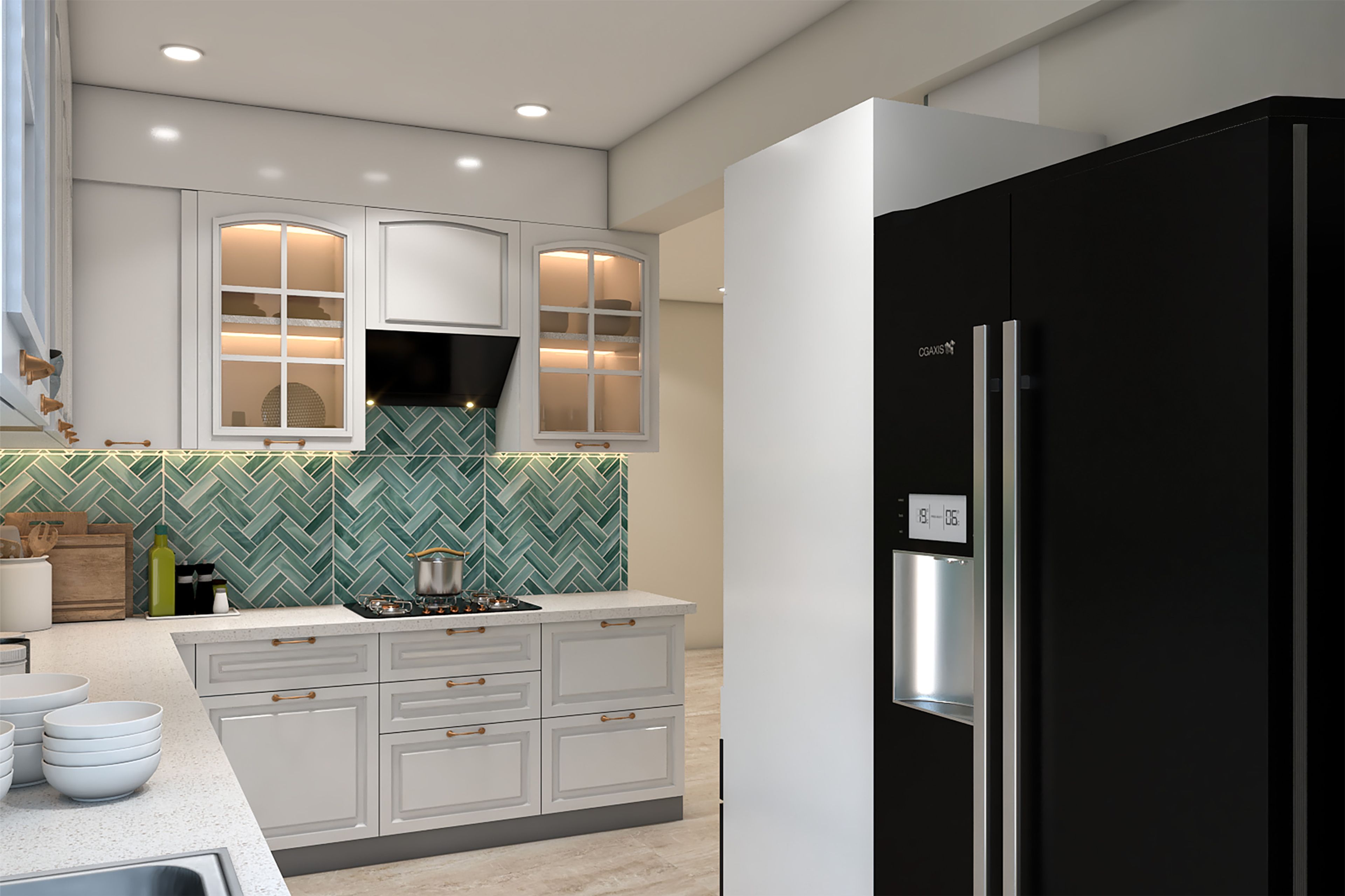 Classic Off-White L-Shaped Kitchen Design with Chevron Backsplash
