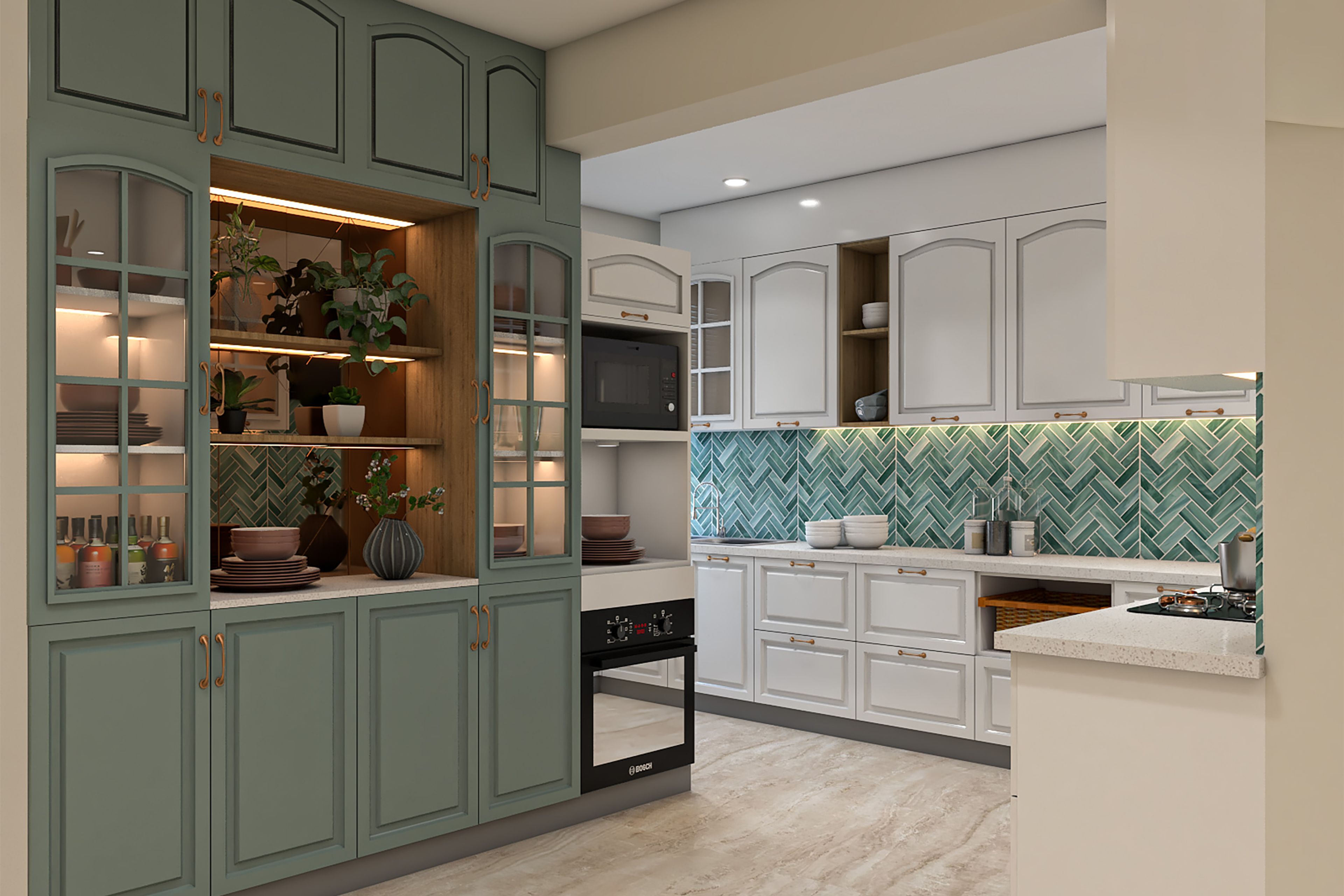 Classic Off-White L-Shaped Kitchen Design with Chevron Backsplash