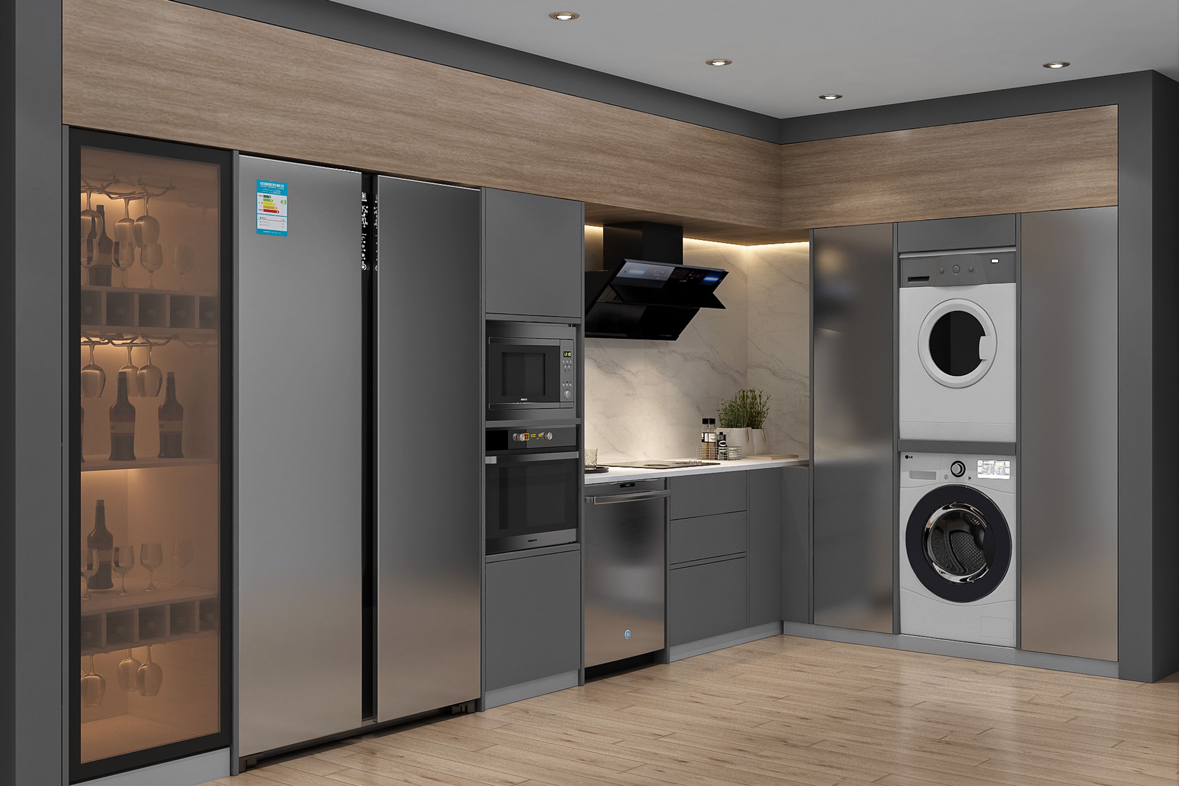 Contemporary Grey and Walnut L-Shaped Kitchen Design with Built-In Laundry