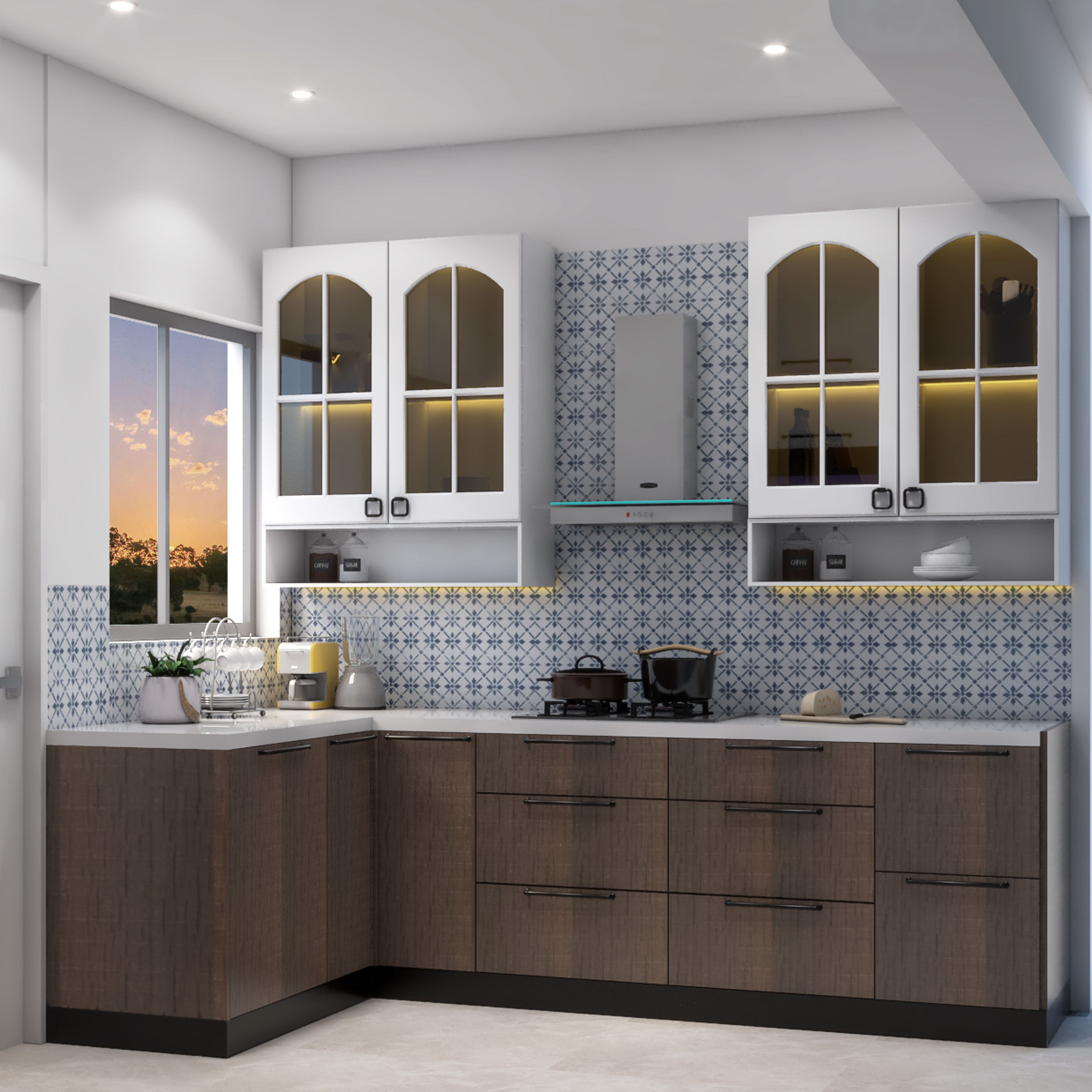 Indian Traditional Parallel Kitchen Design with Patterned Tile Backsplash
