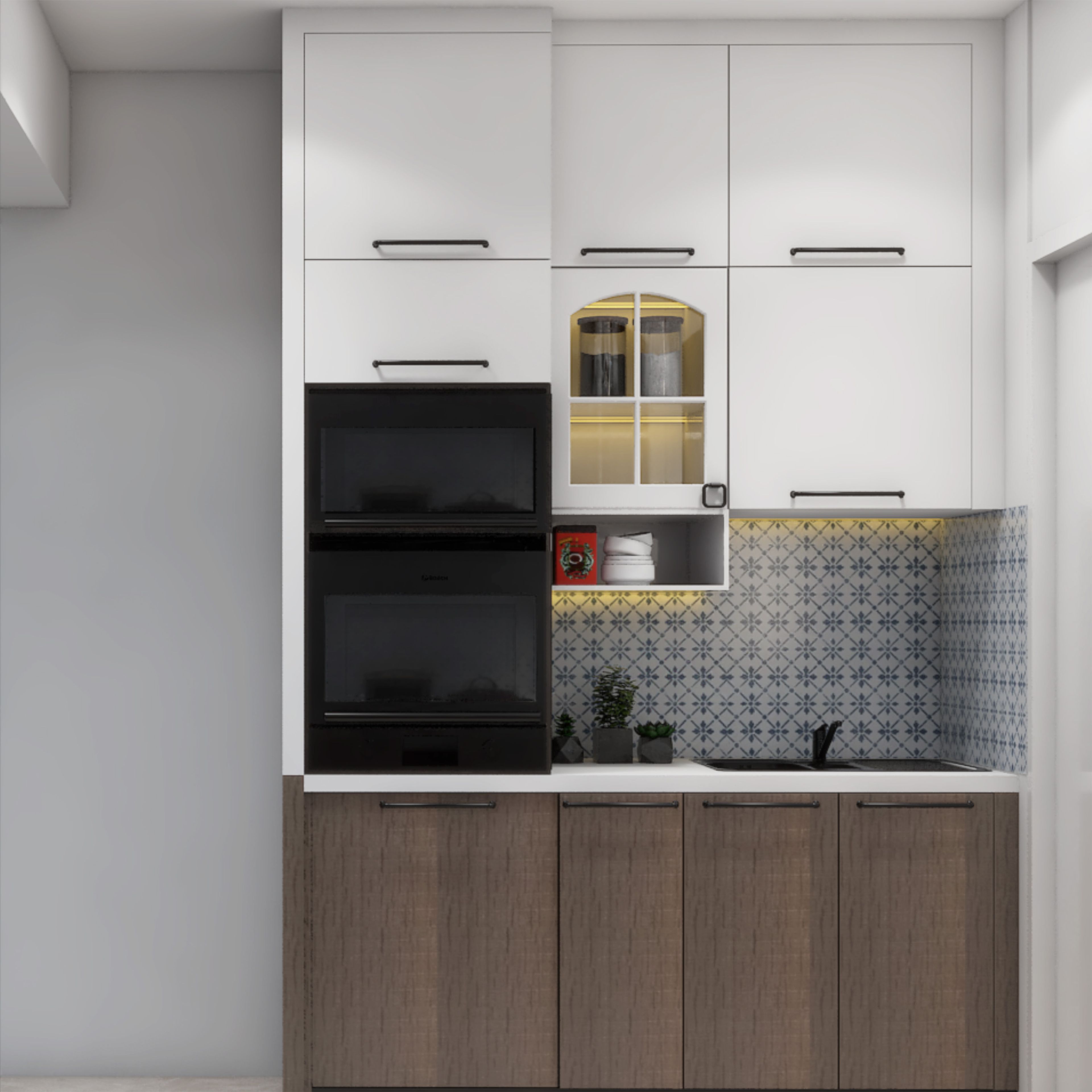 Indian Traditional Parallel Kitchen Design with Patterned Tile Backsplash