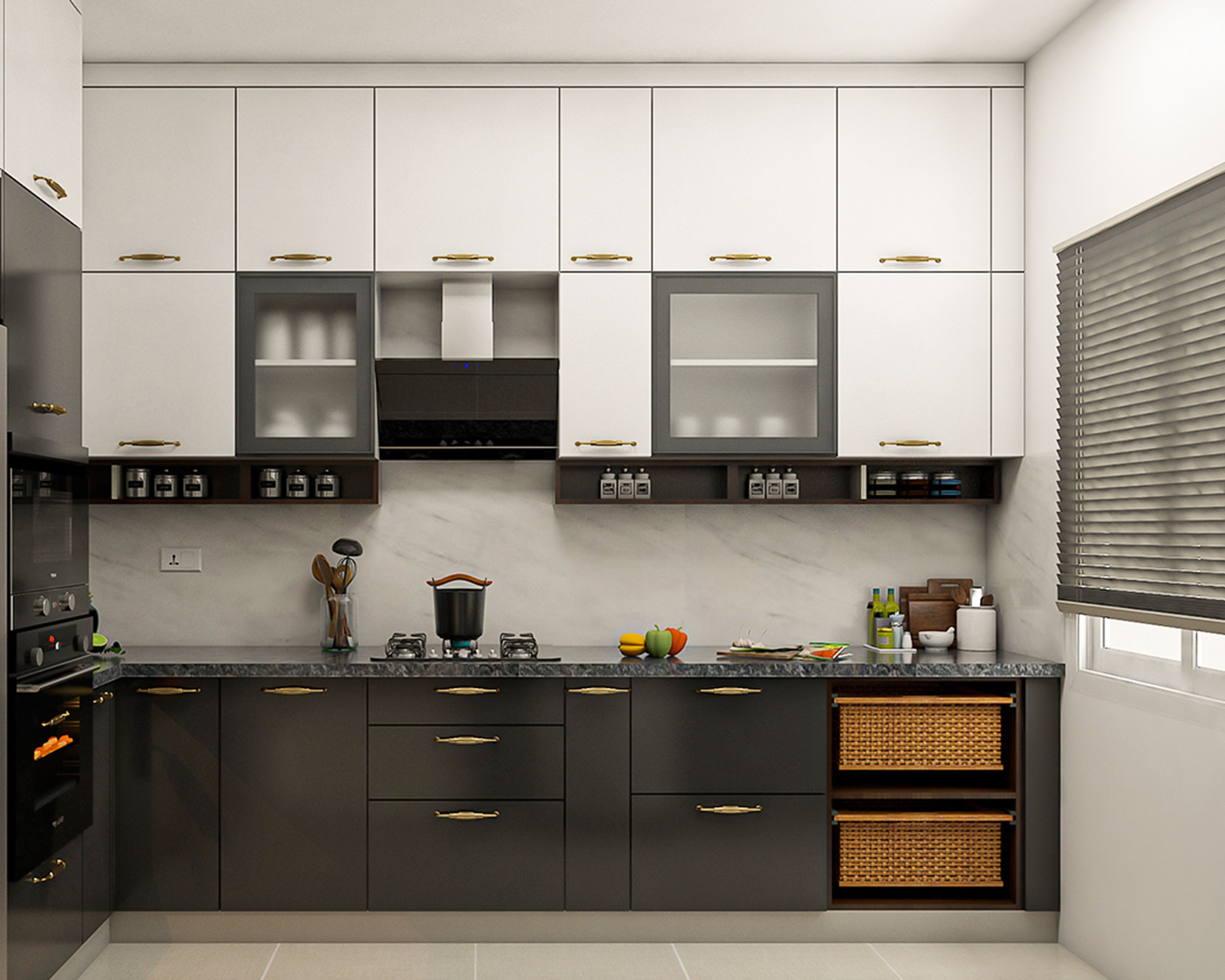 Two-Tone Modern L-Shaped Kitchen Design with Granite Countertops