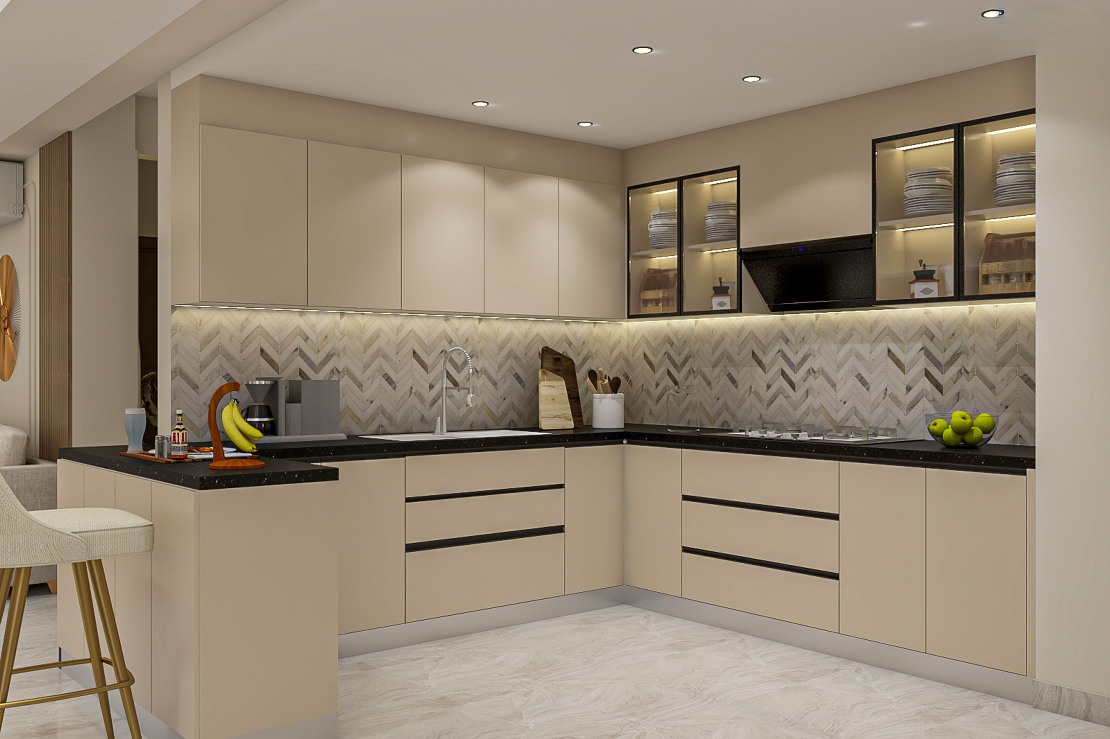 Modern Open Kitchen Design with Island Bar Seating and Herringbone Backsplash