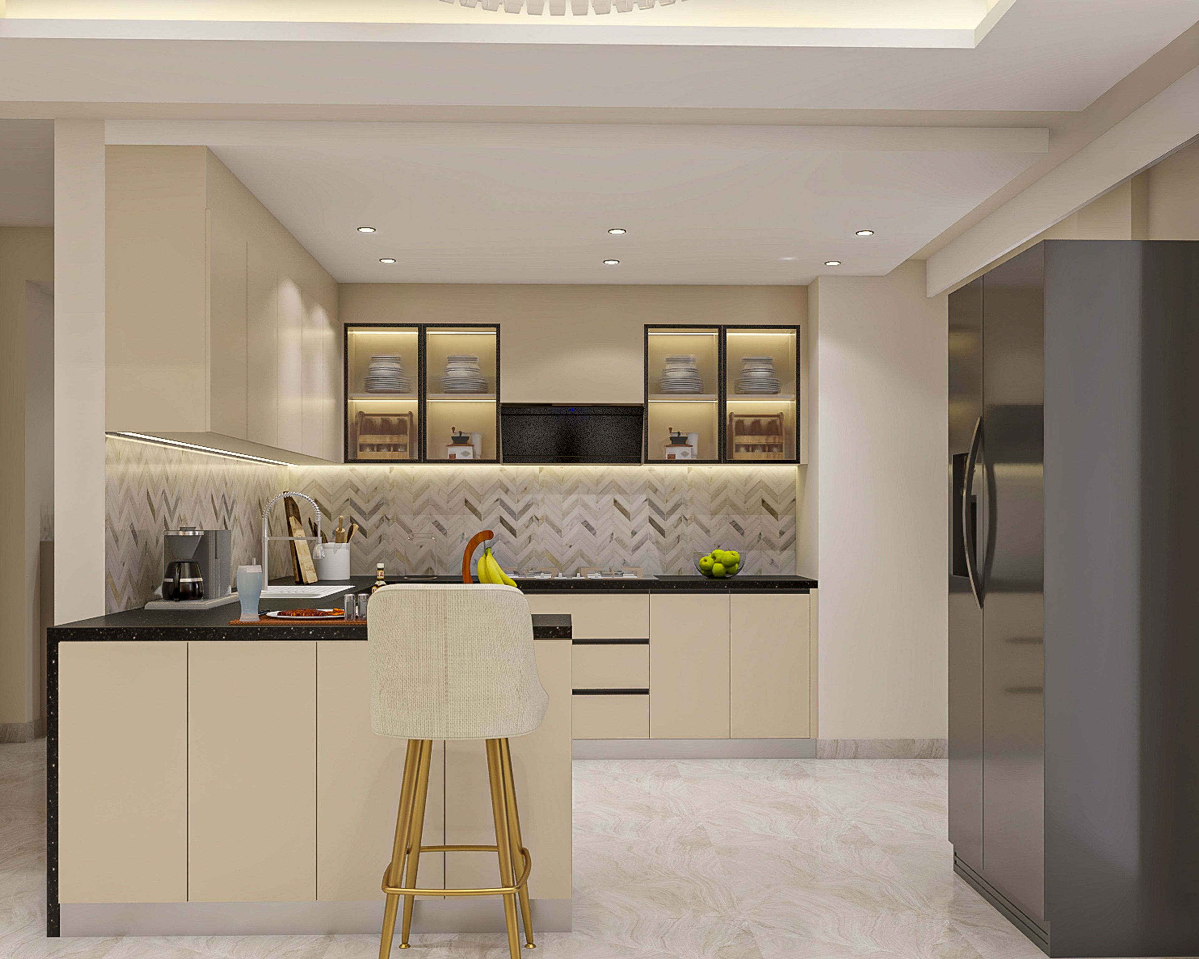Modern Open Kitchen Design with Island Bar Seating and Herringbone Backsplash