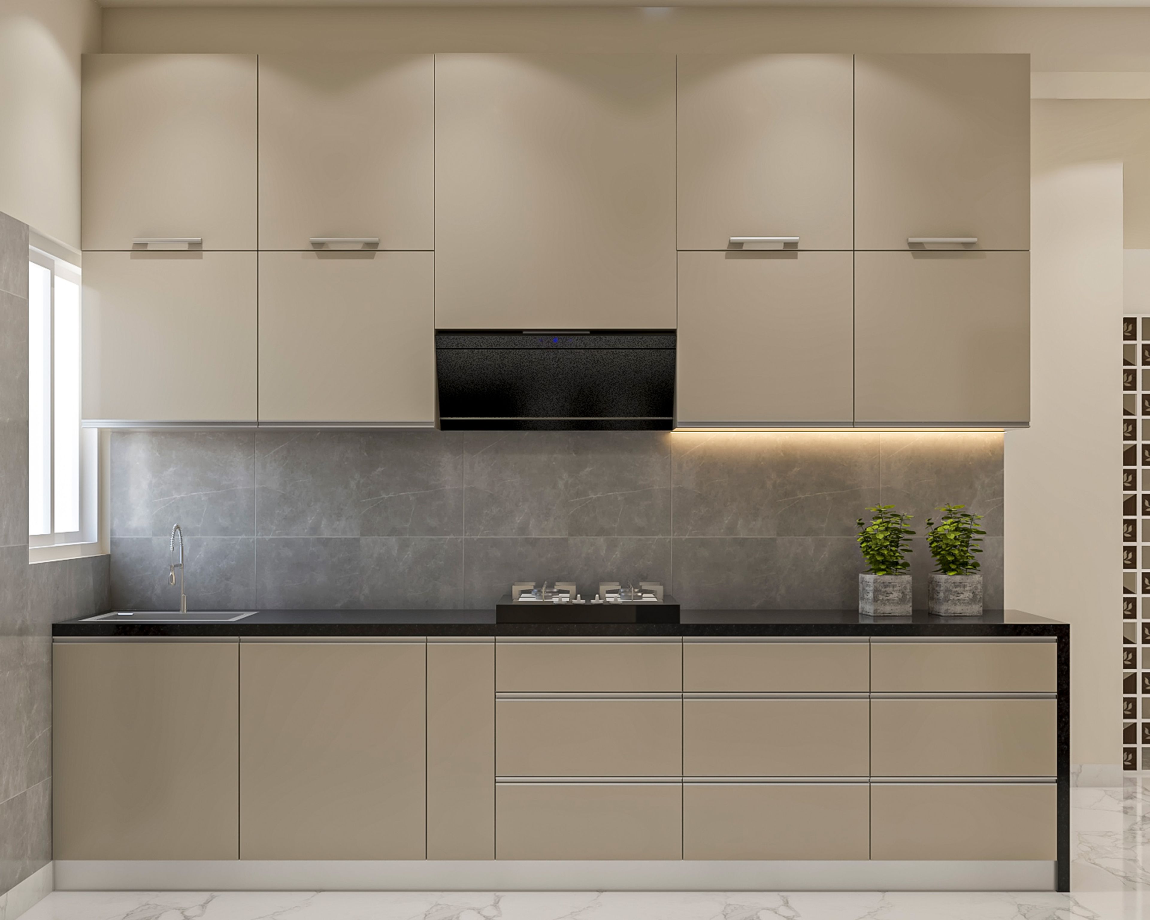 Cream Contemporary Parallel Kitchen Design with Matte Taupe Cabinets