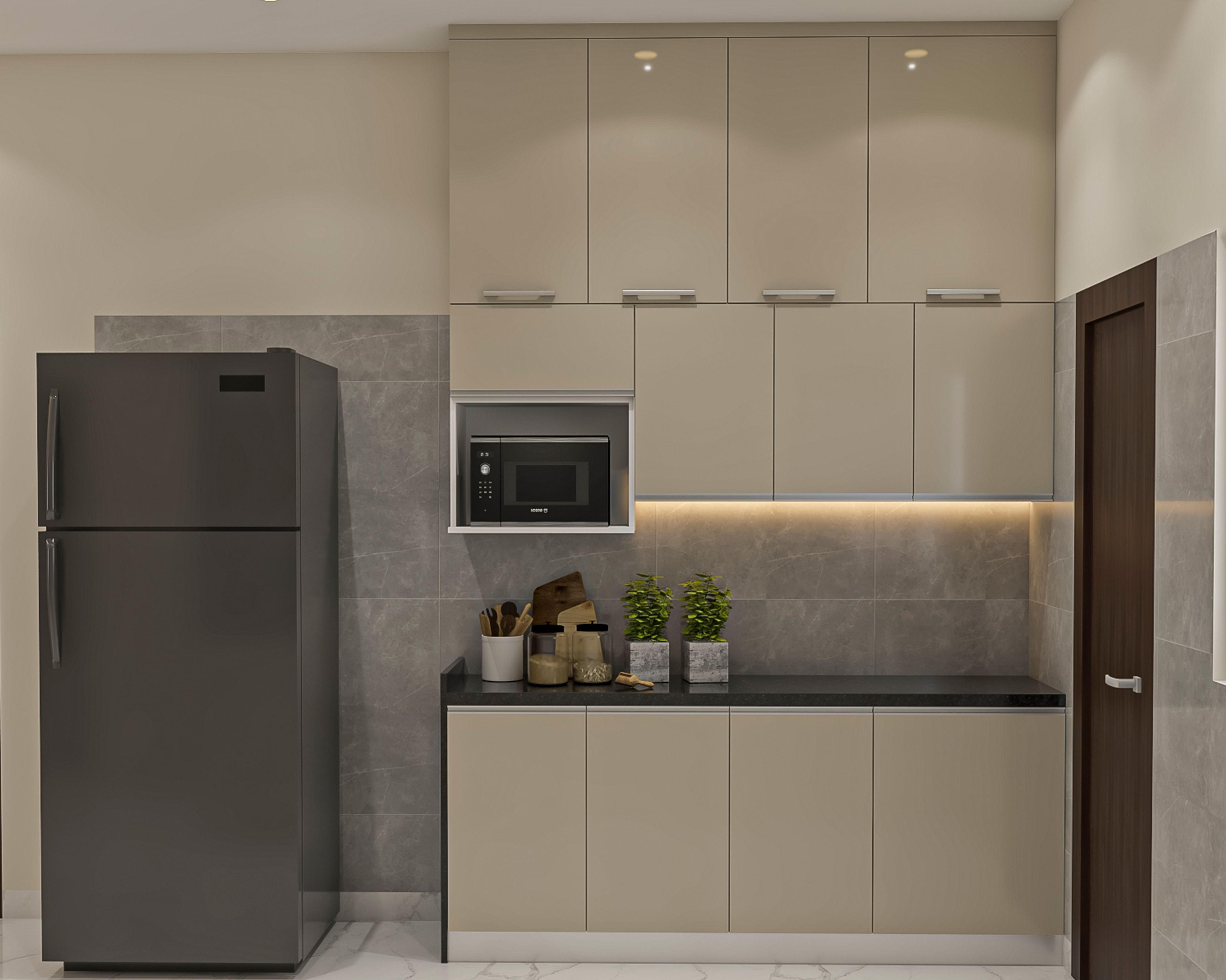 Cream Contemporary Parallel Kitchen Design with Matte Taupe Cabinets