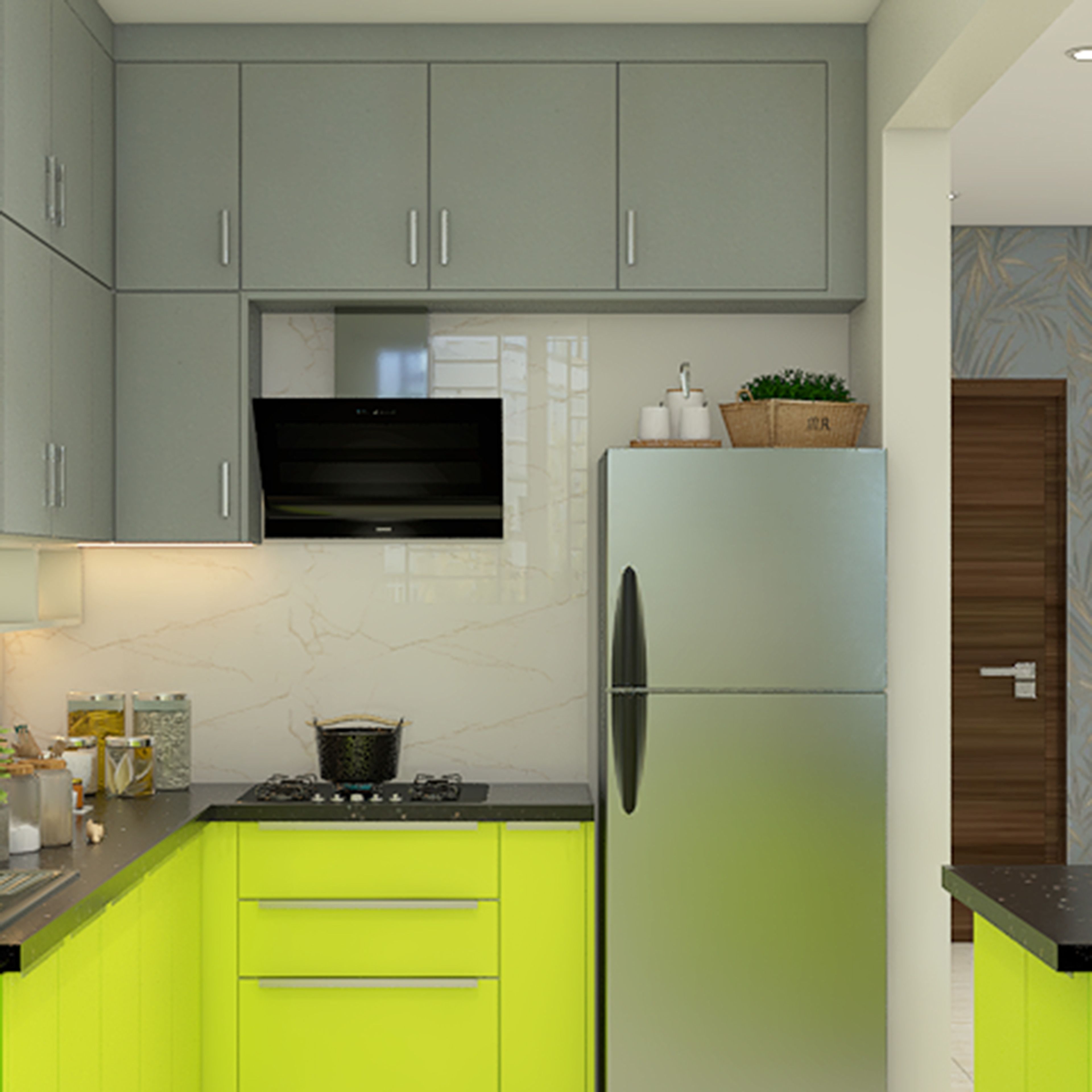 Contemporary L-Shaped Kitchen Design with Lime Green and Grey Cabinets