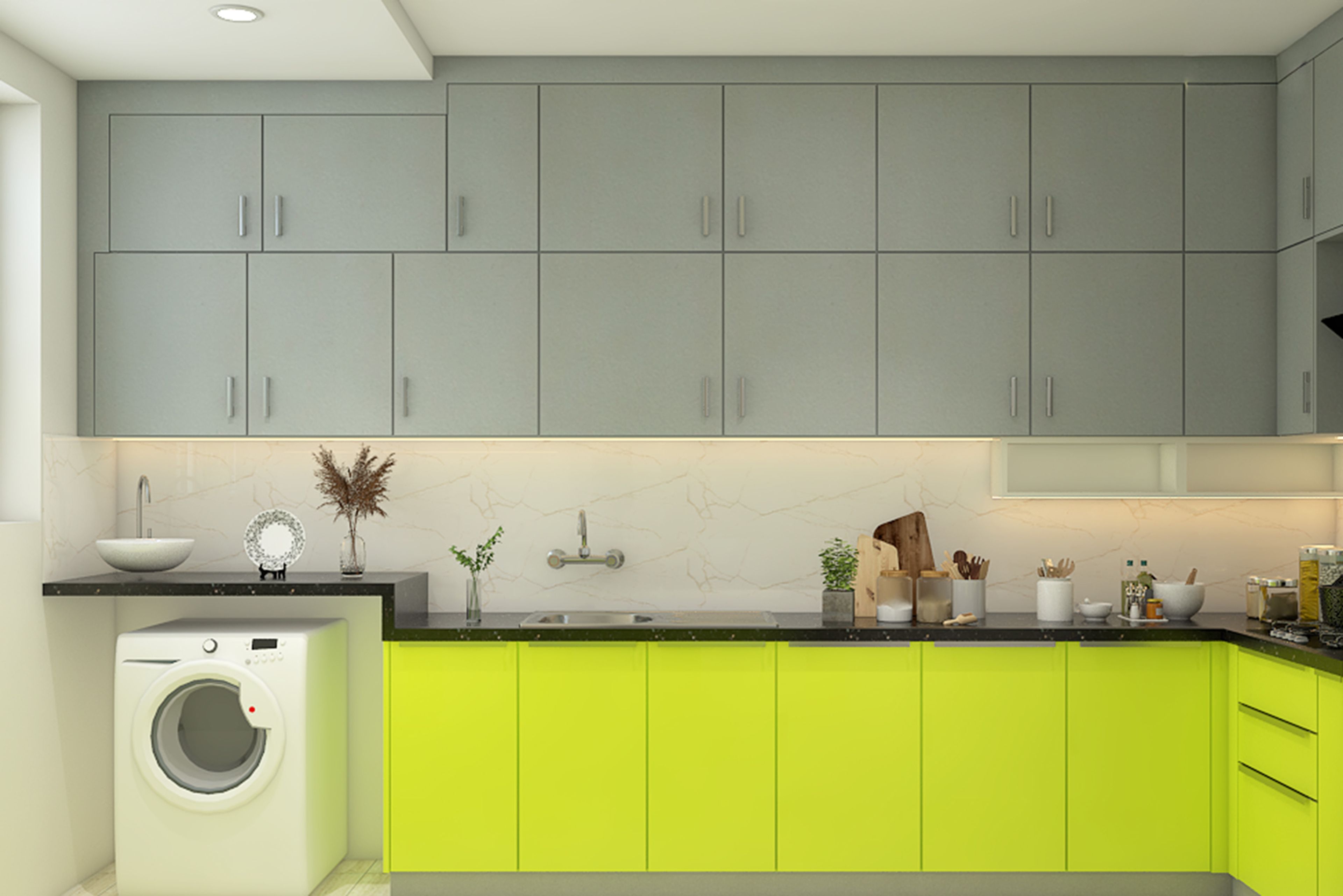 Contemporary L-Shaped Kitchen Design with Lime Green and Grey Cabinets
