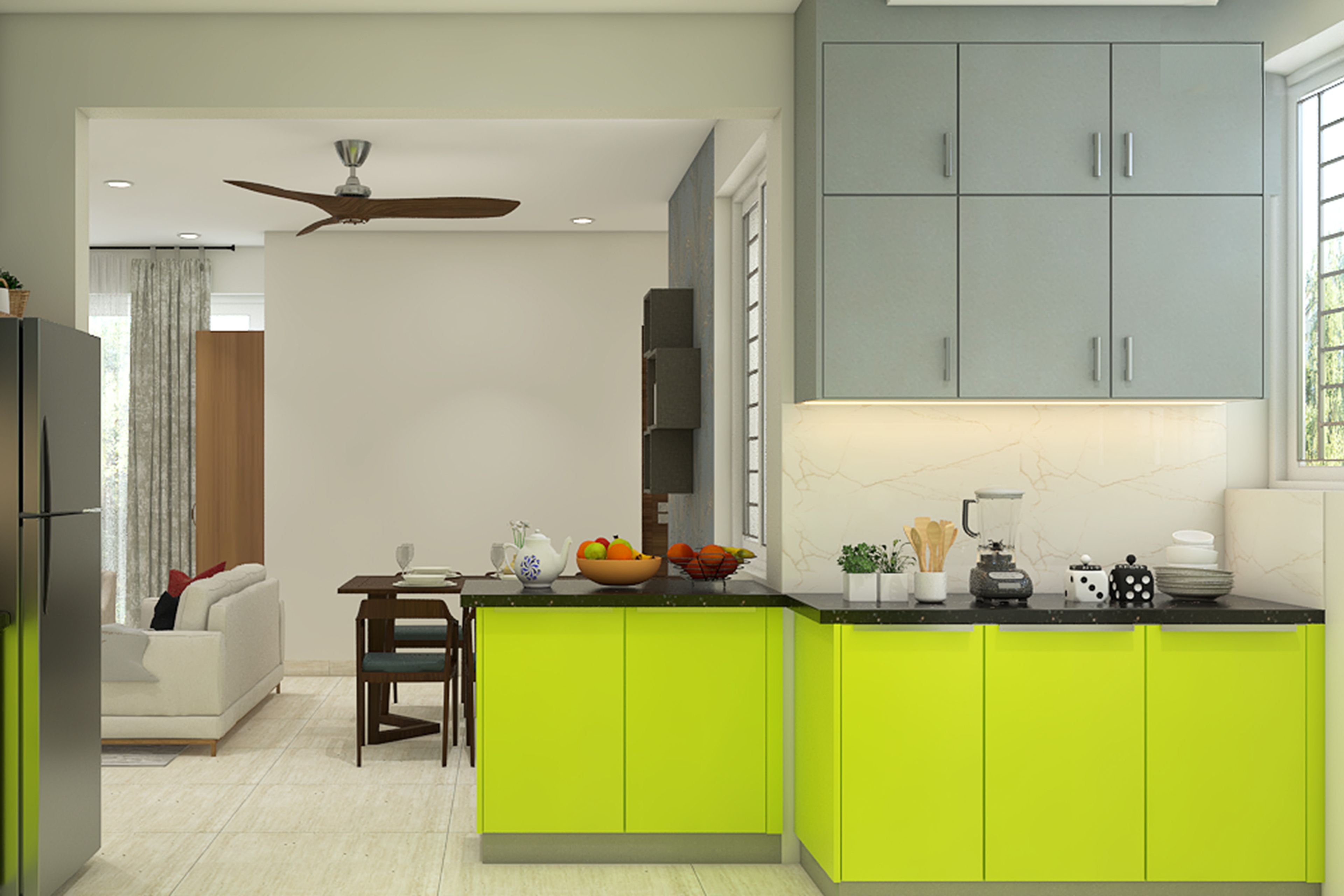 Contemporary L-Shaped Kitchen Design with Lime Green and Grey Cabinets