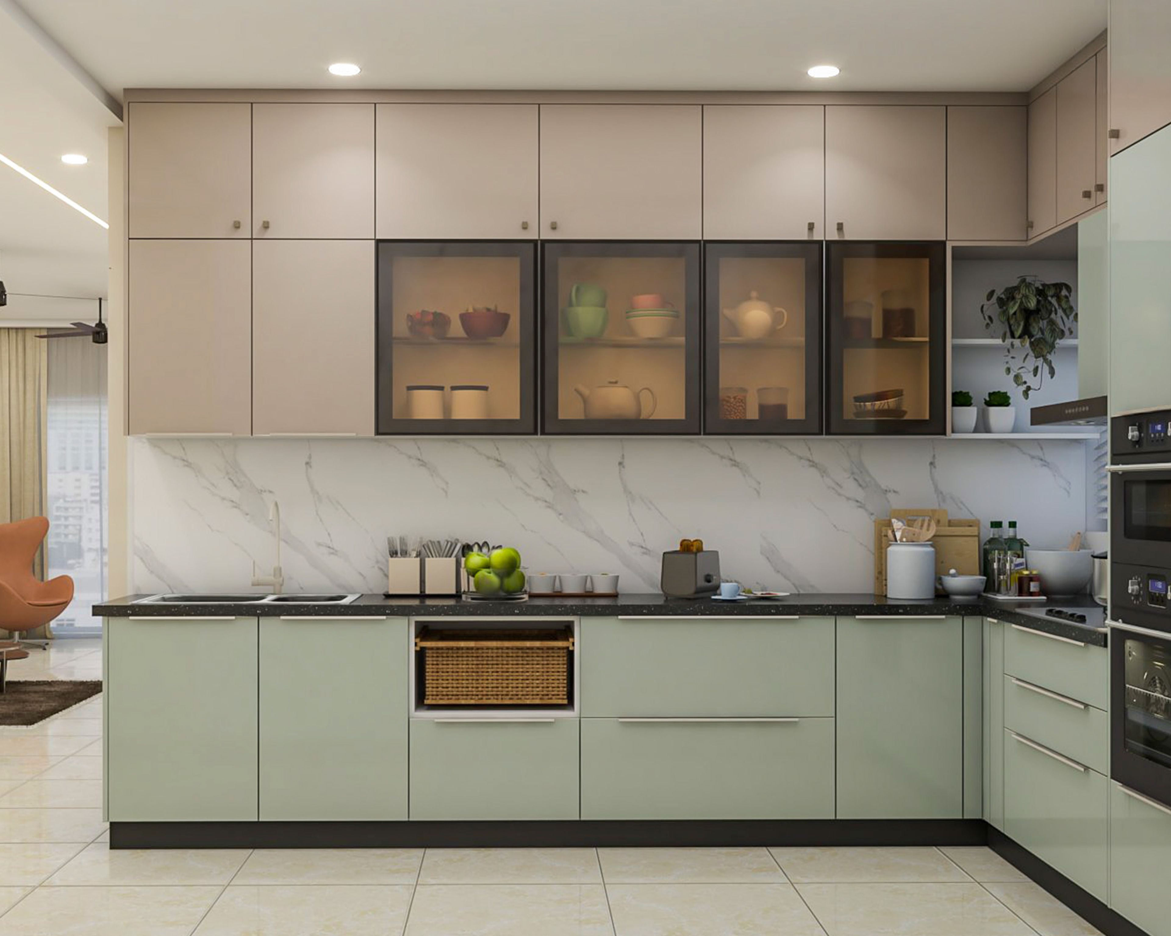 Sage Green Modern L-Shaped Kitchen Design with Tall Pantry Storage