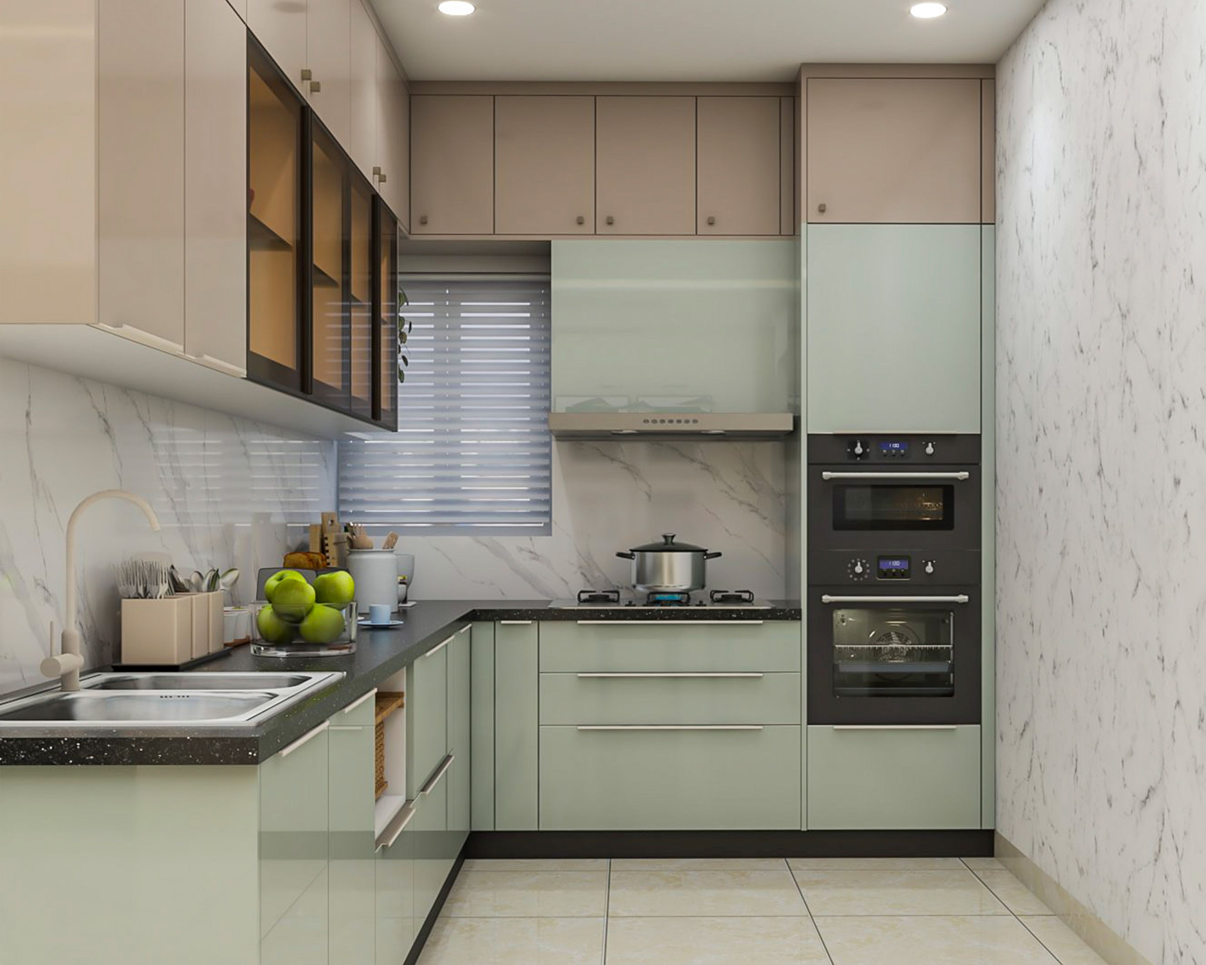 Sage Green Modern L-Shaped Kitchen Design with Tall Pantry Storage