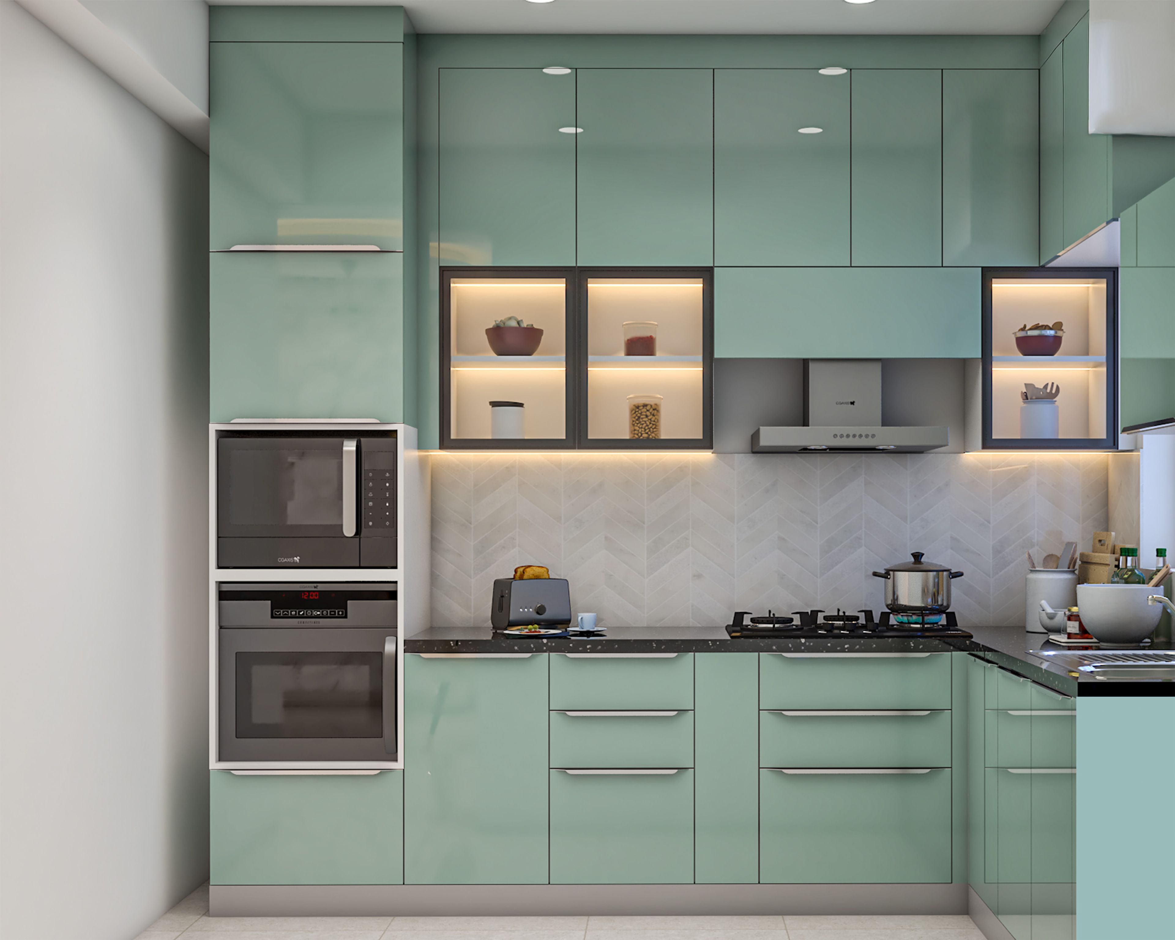 Mint Green Modern L-Shaped Kitchen Design with Glass Display Niches