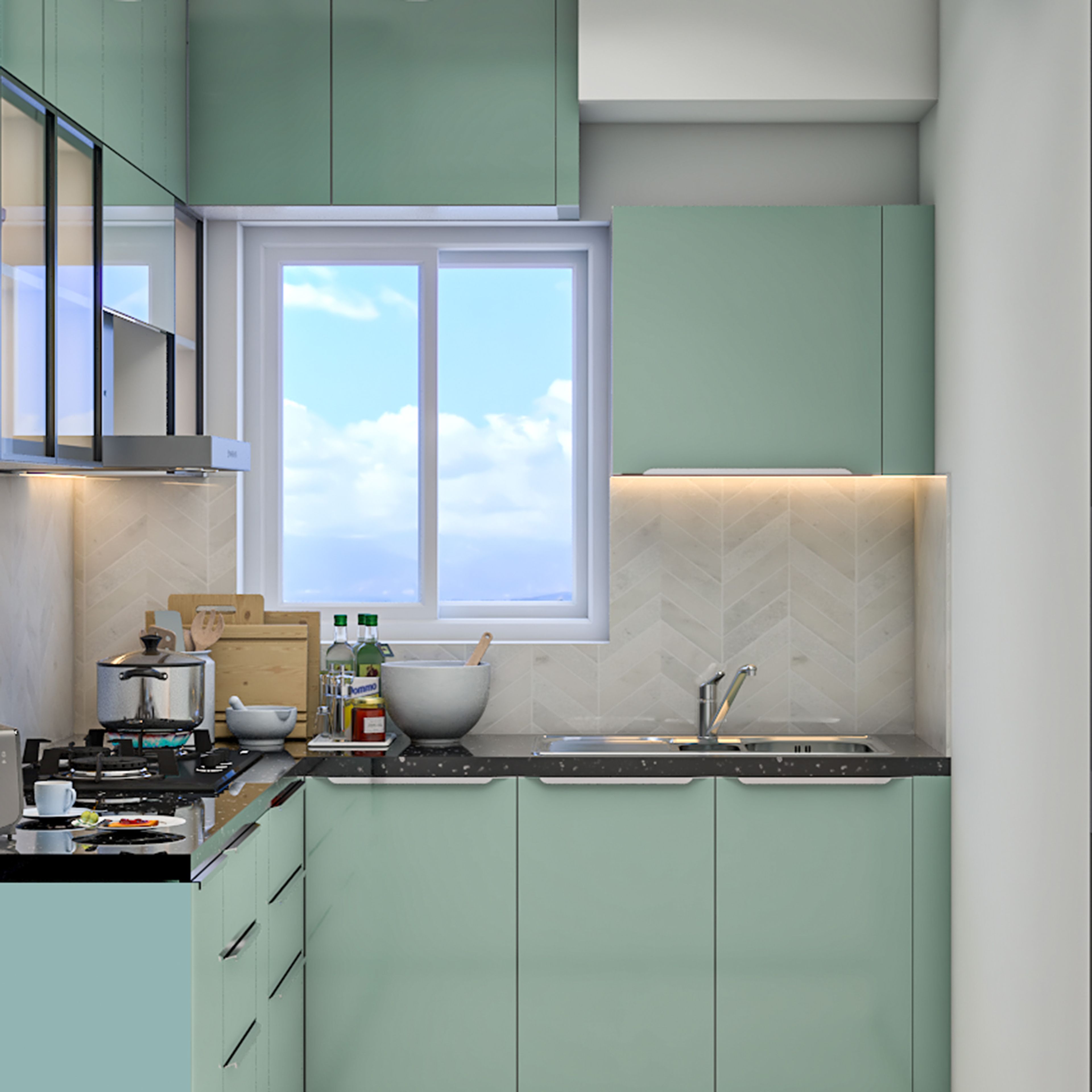 Mint Green Modern L-Shaped Kitchen Design with Glass Display Niches