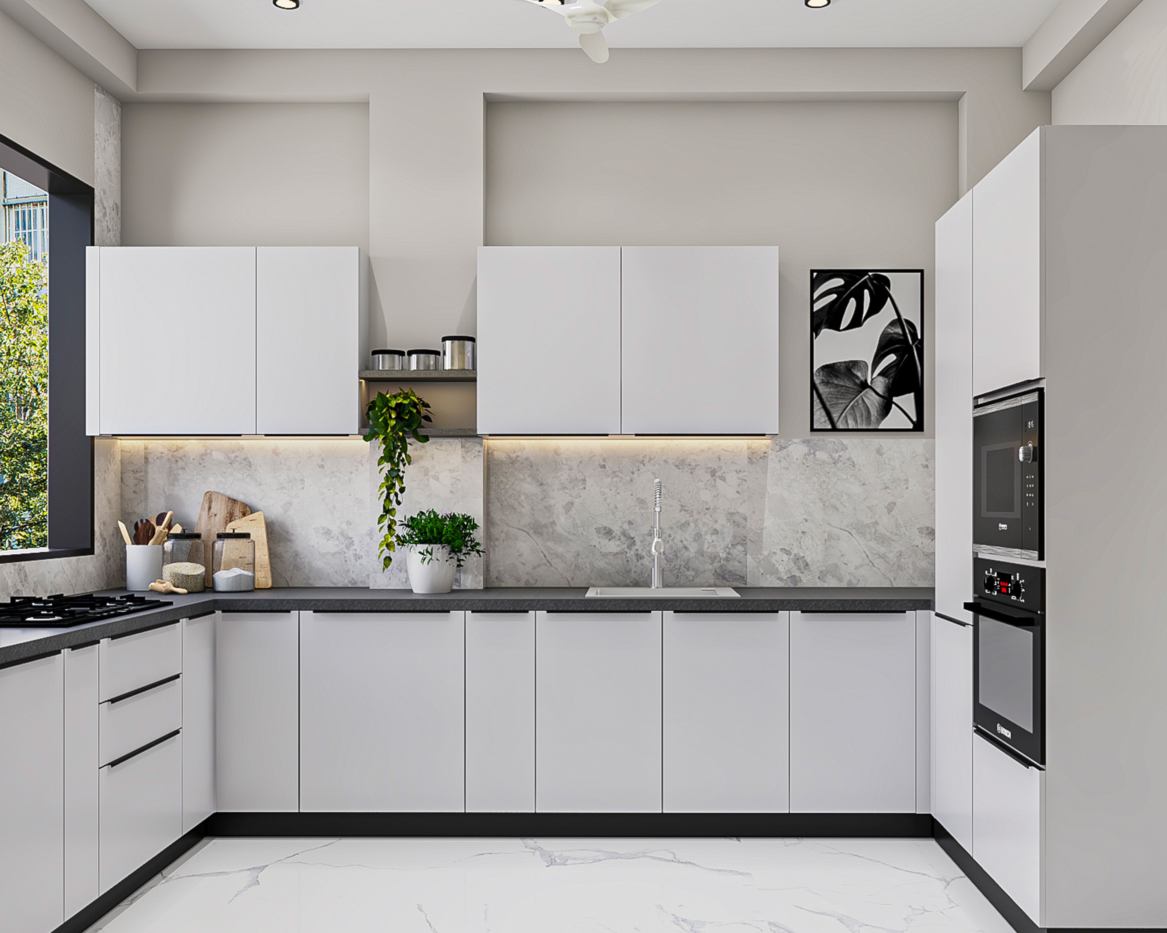 Minimal White U-Shaped Kitchen Design with Tall Integrated Pantry Columns