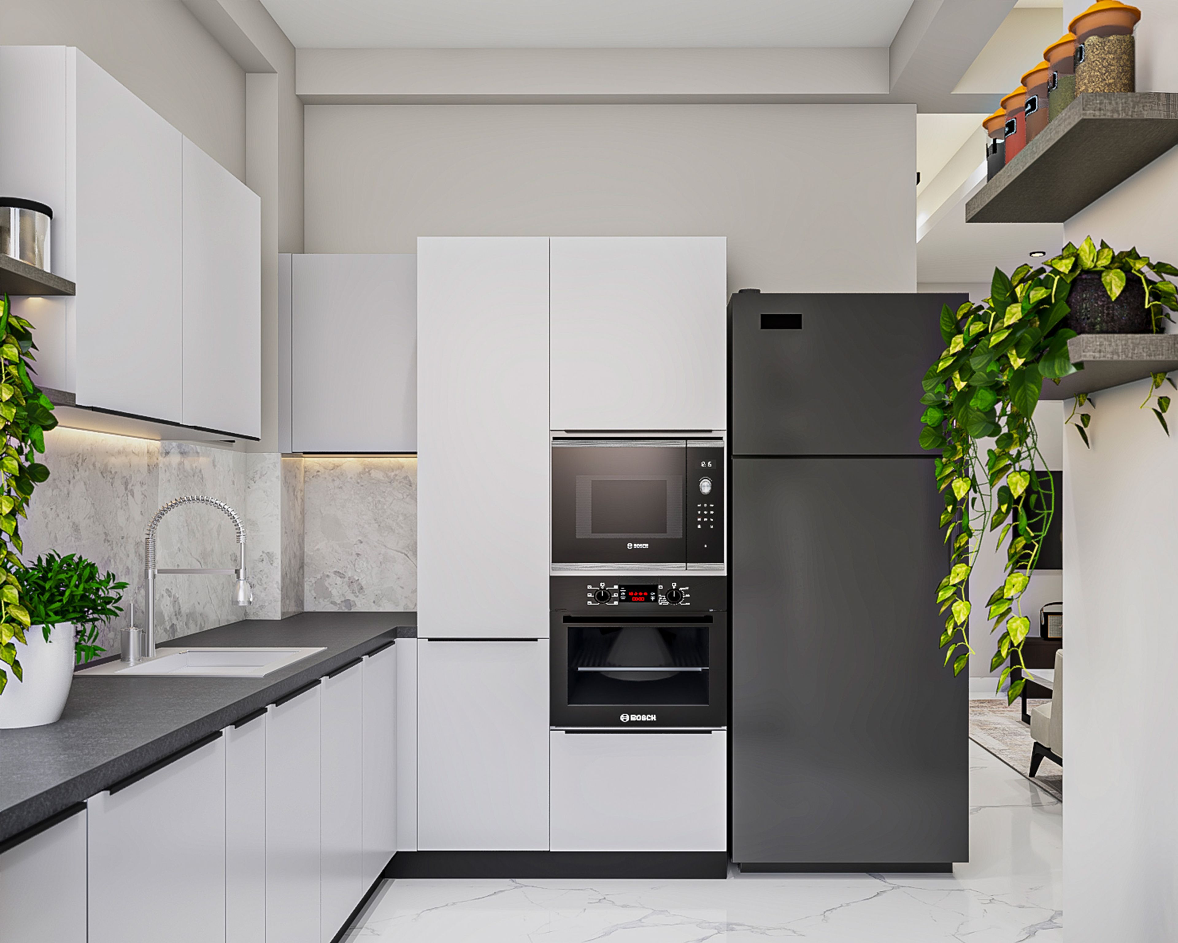 Minimal White U-Shaped Kitchen Design with Tall Integrated Pantry Columns