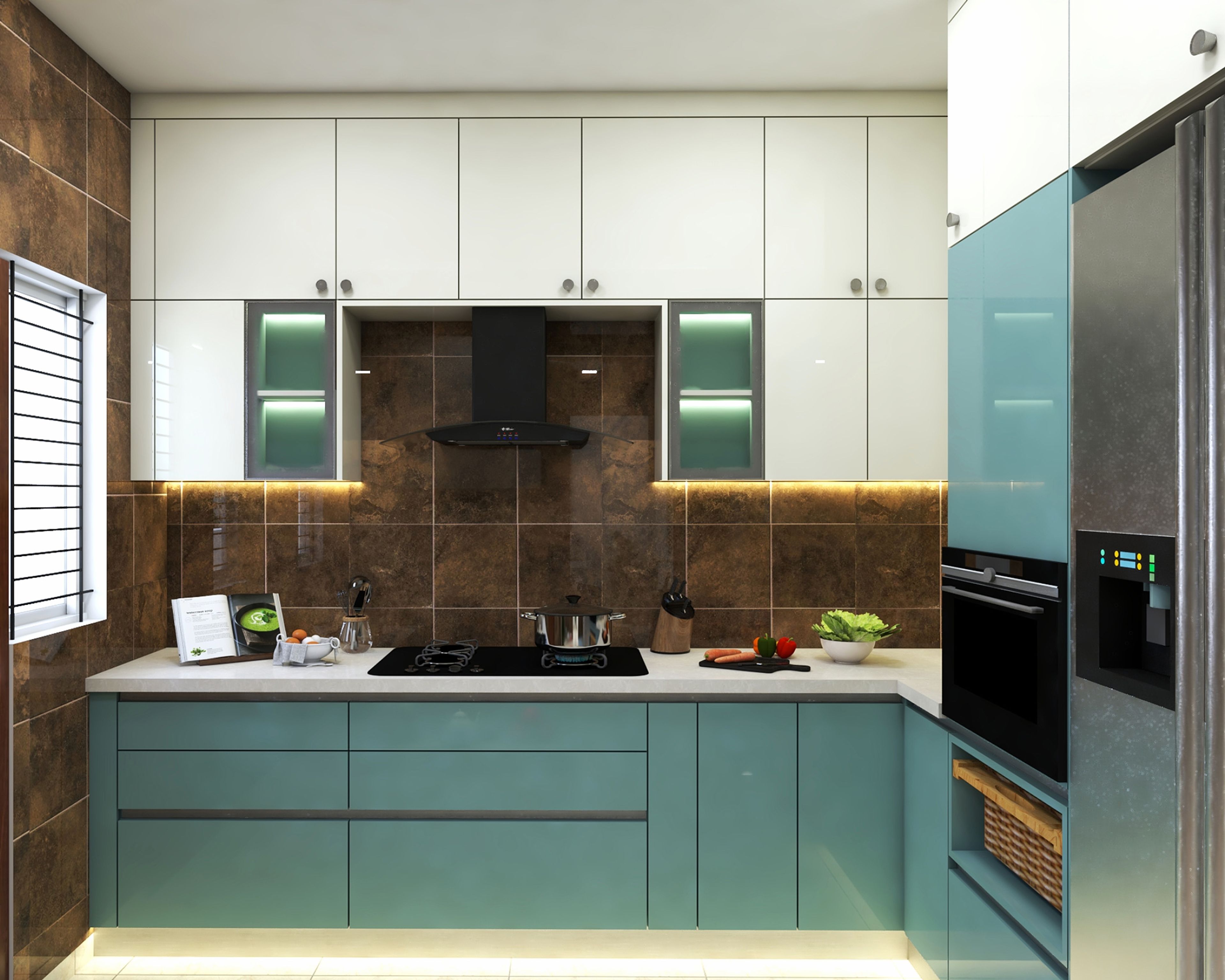 Contemporary L-Shaped Kitchen Design With Blue and White Cabinets, Quartz Countertop and Tall Cabinets