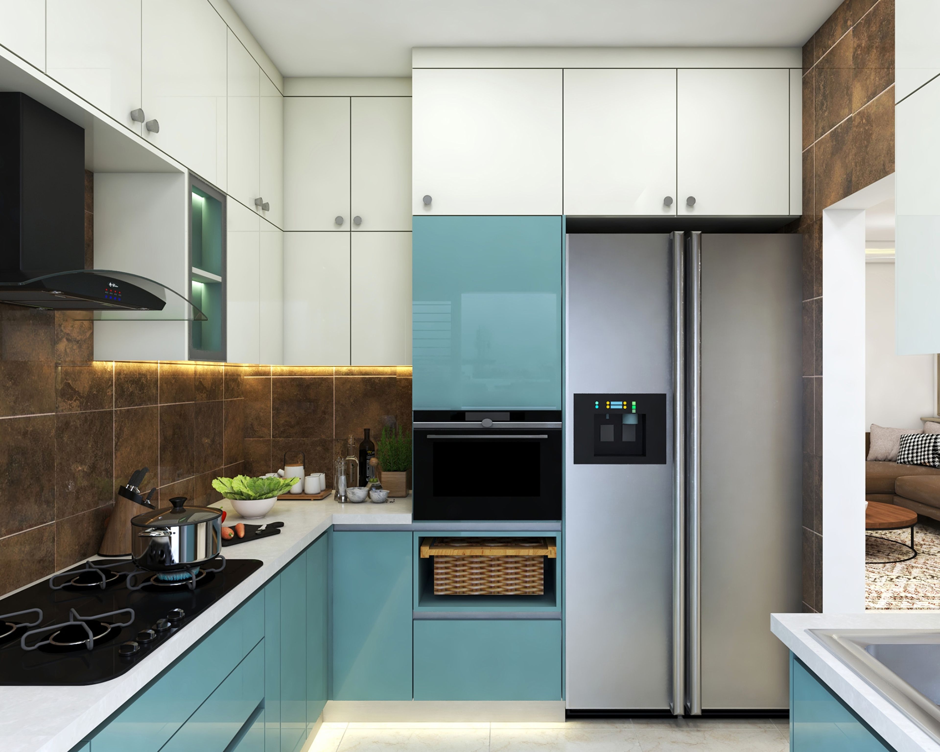 L-Shaped Kitchen Design With Blue and White Cabinets, Quartz Countertop and Tall Cabinets