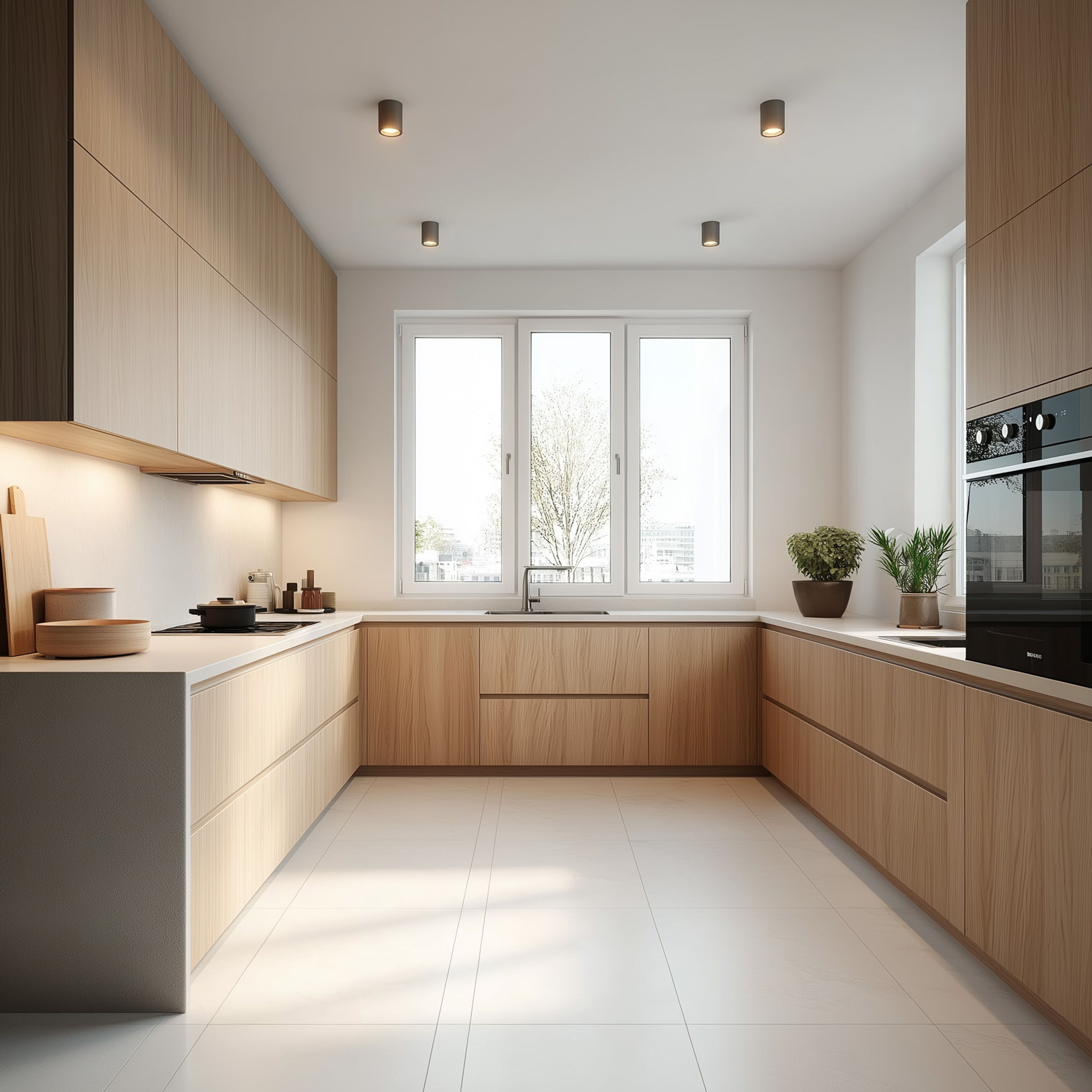 Walnut Scandinavian U-Shaped Kitchen Design With Corian Top and Soft-Close Drawers