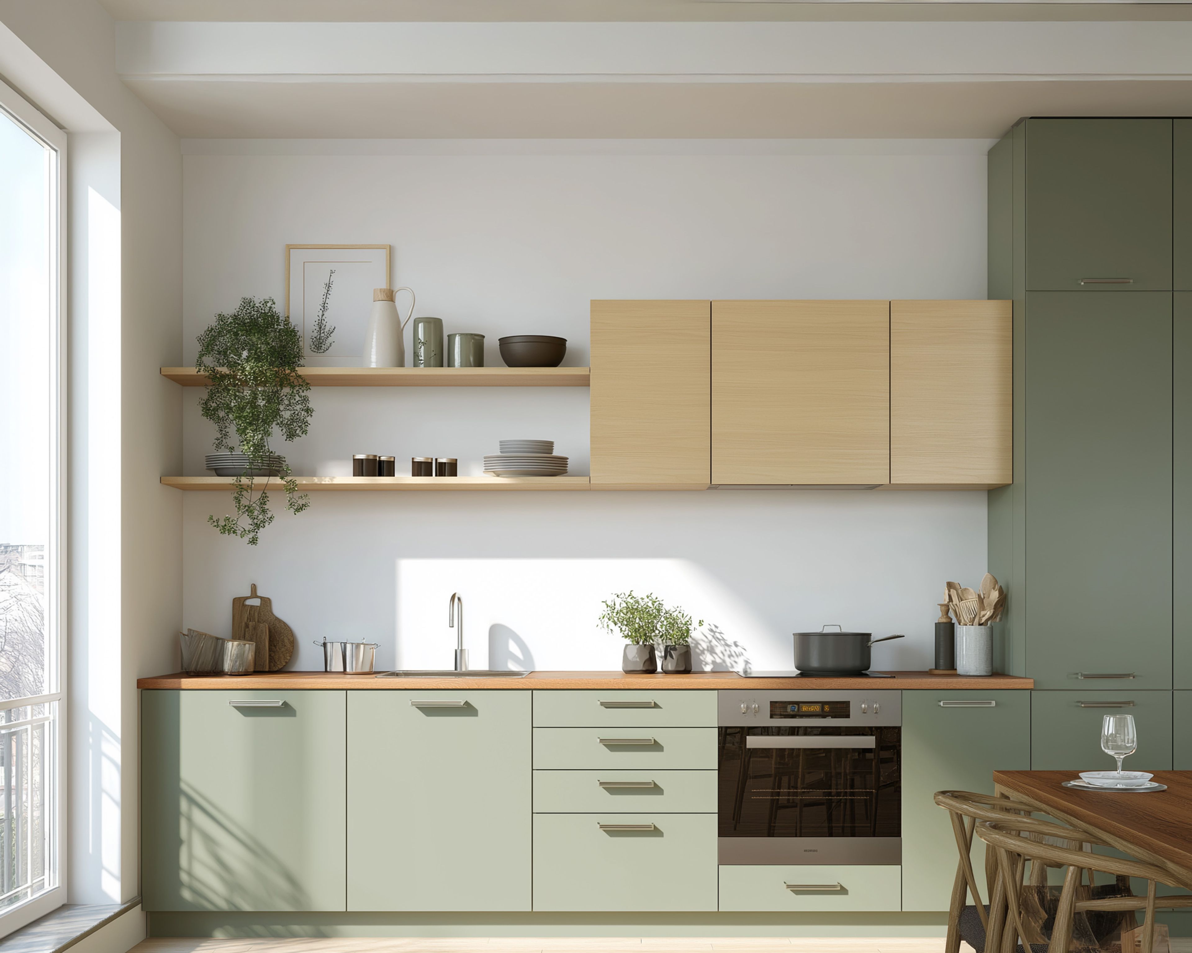 Open Kitchen Design With Sage Green Cabinets and Wood Top