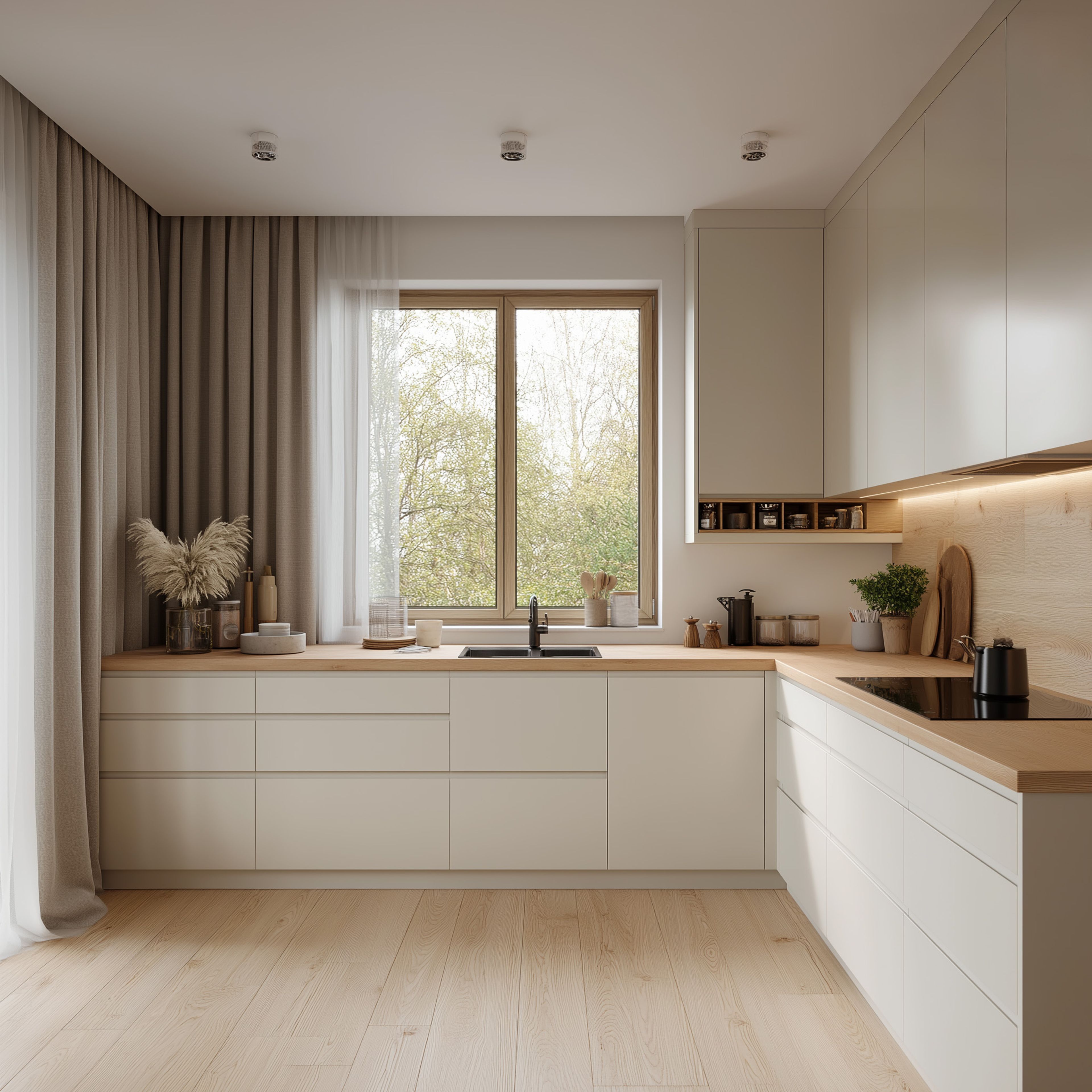 L-Shaped Kitchen Design With Wood Countertop, Handleless Storage and Open Shelf