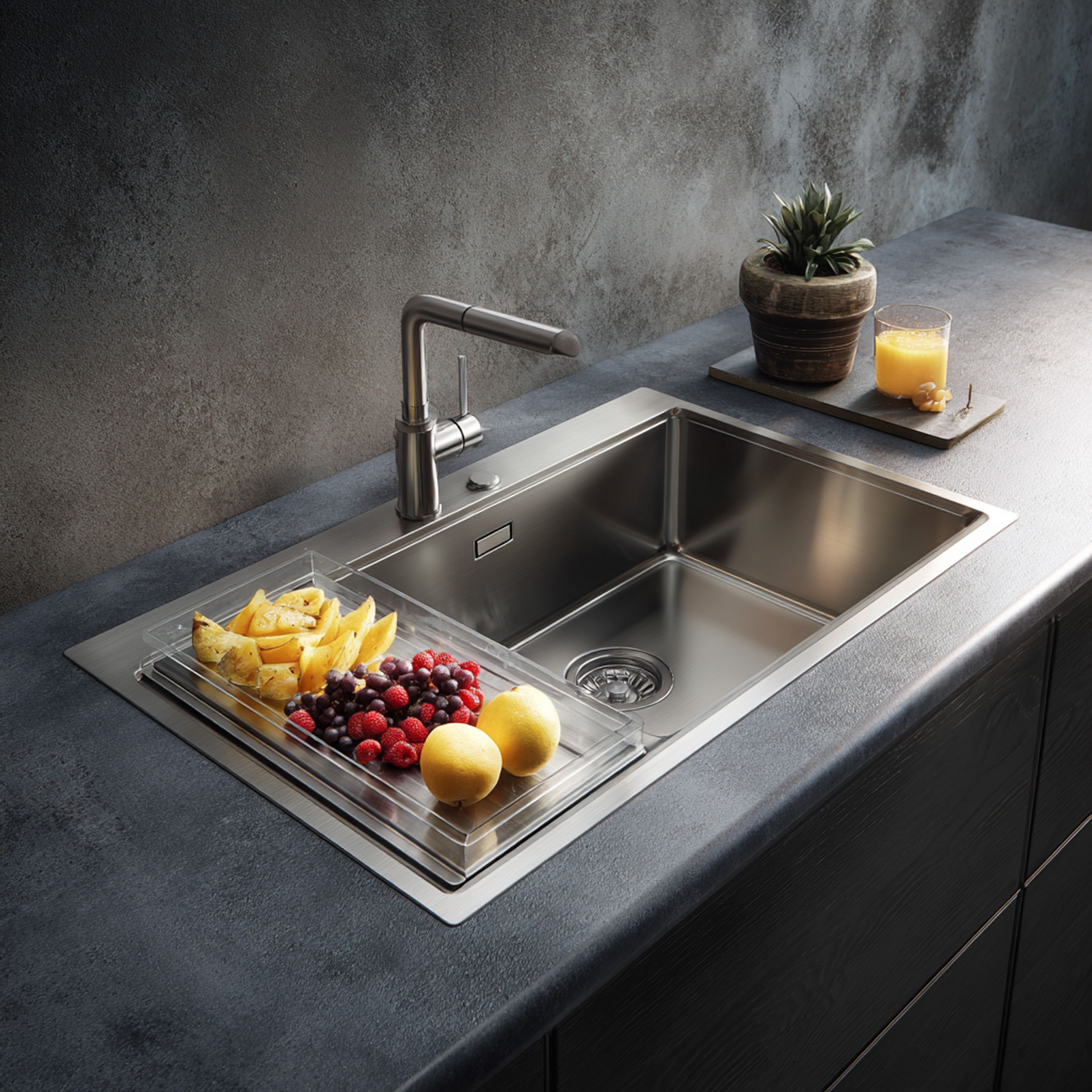Stainless Steel Kitchen Sink Design with Integrated Drainboard
