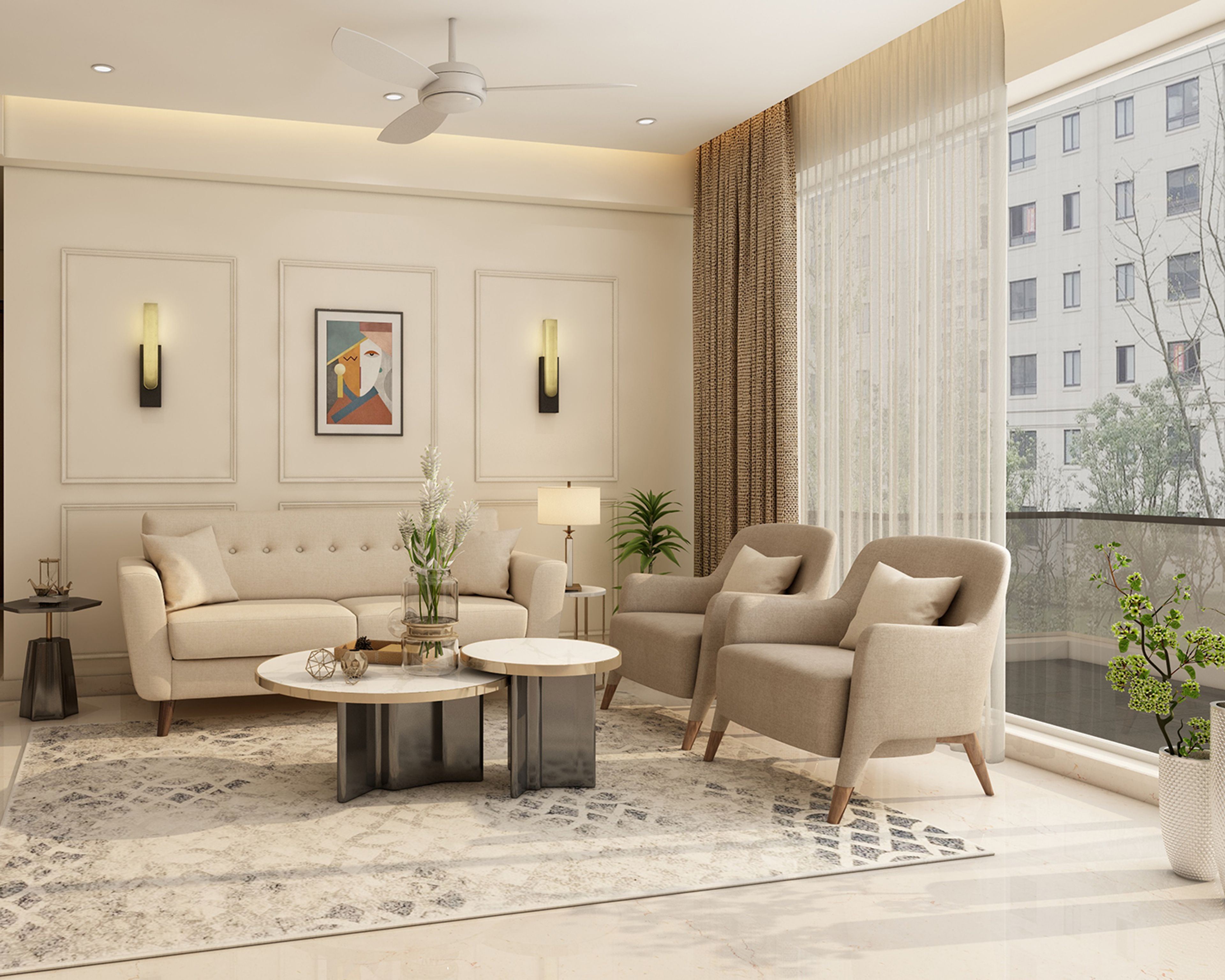 Contemporary Living Room Design with Cream Sofas and Marble Coffee Tables
