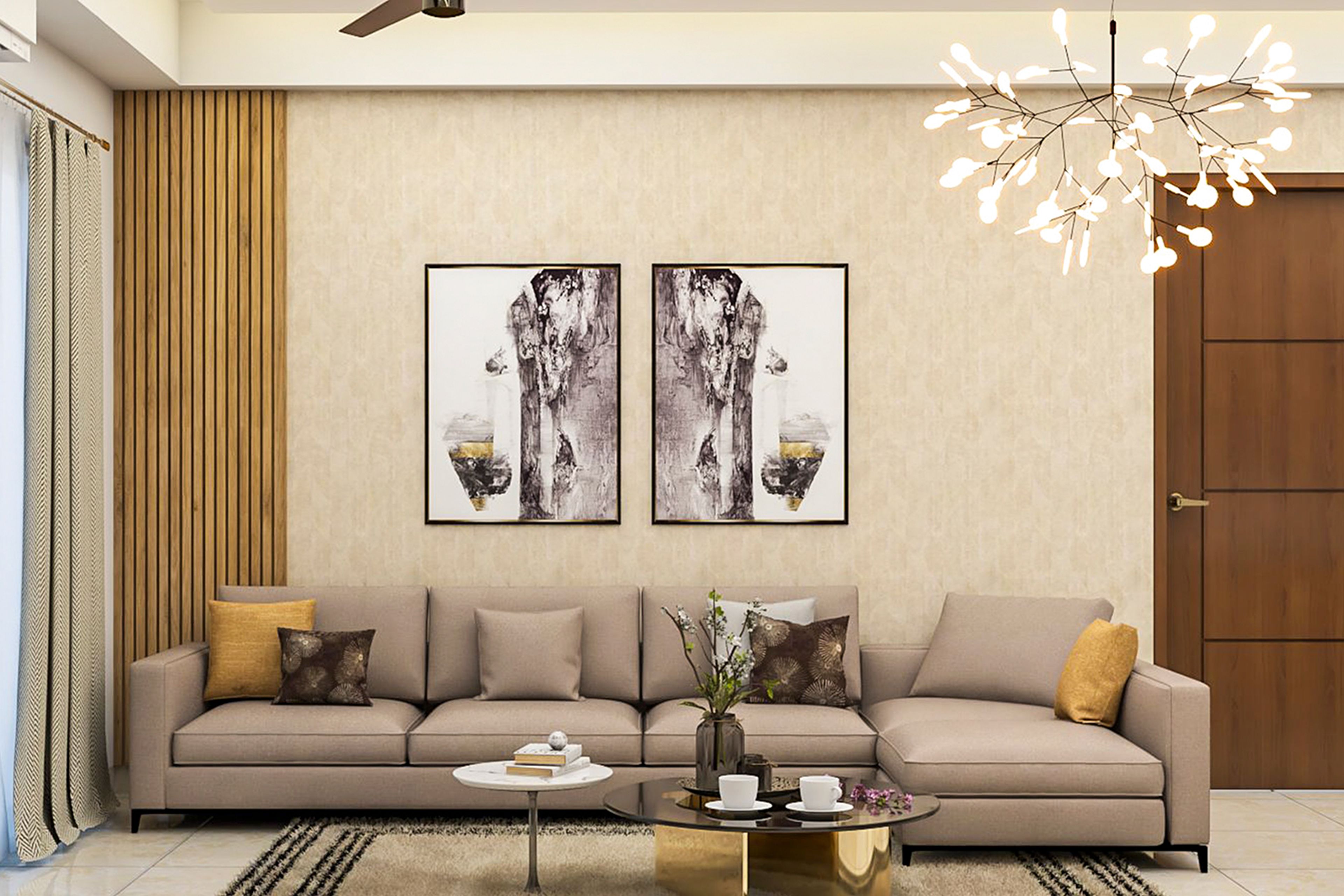 Modern Living Room Design with Beige L-Shaped Sofa and Gold Coffee Table