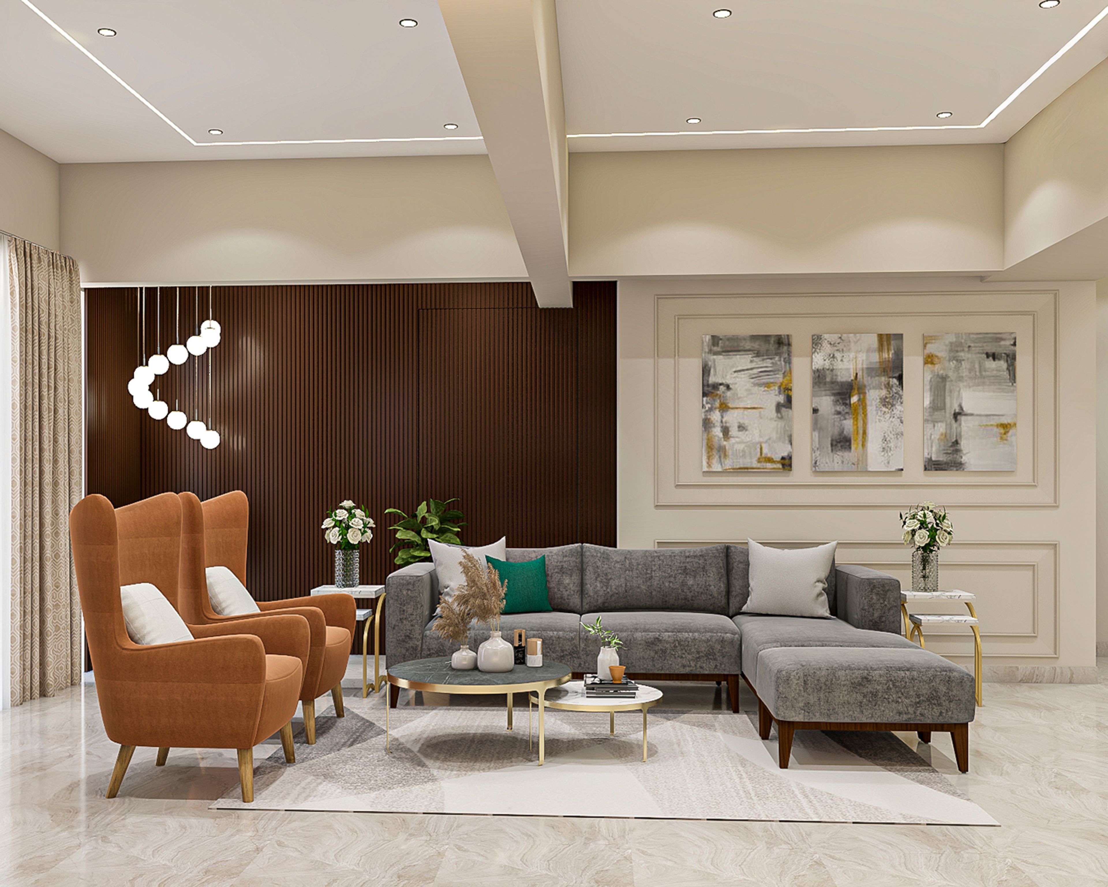 Contemporary Living Room Design with Grey Sectional Sofa and Terracotta Chairs