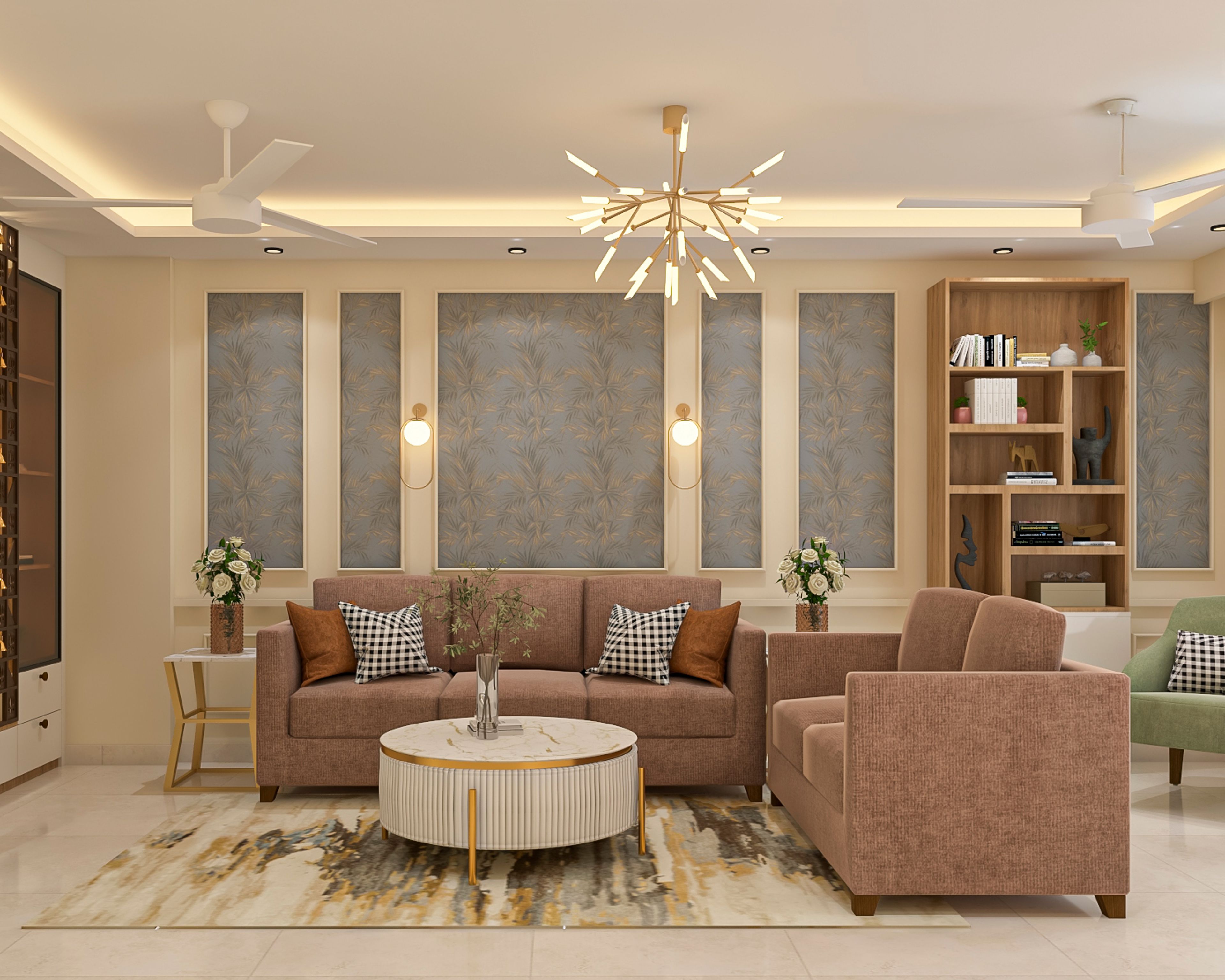 Contemporary Living Room Design with Brown Sofas and Gold Coffee Table