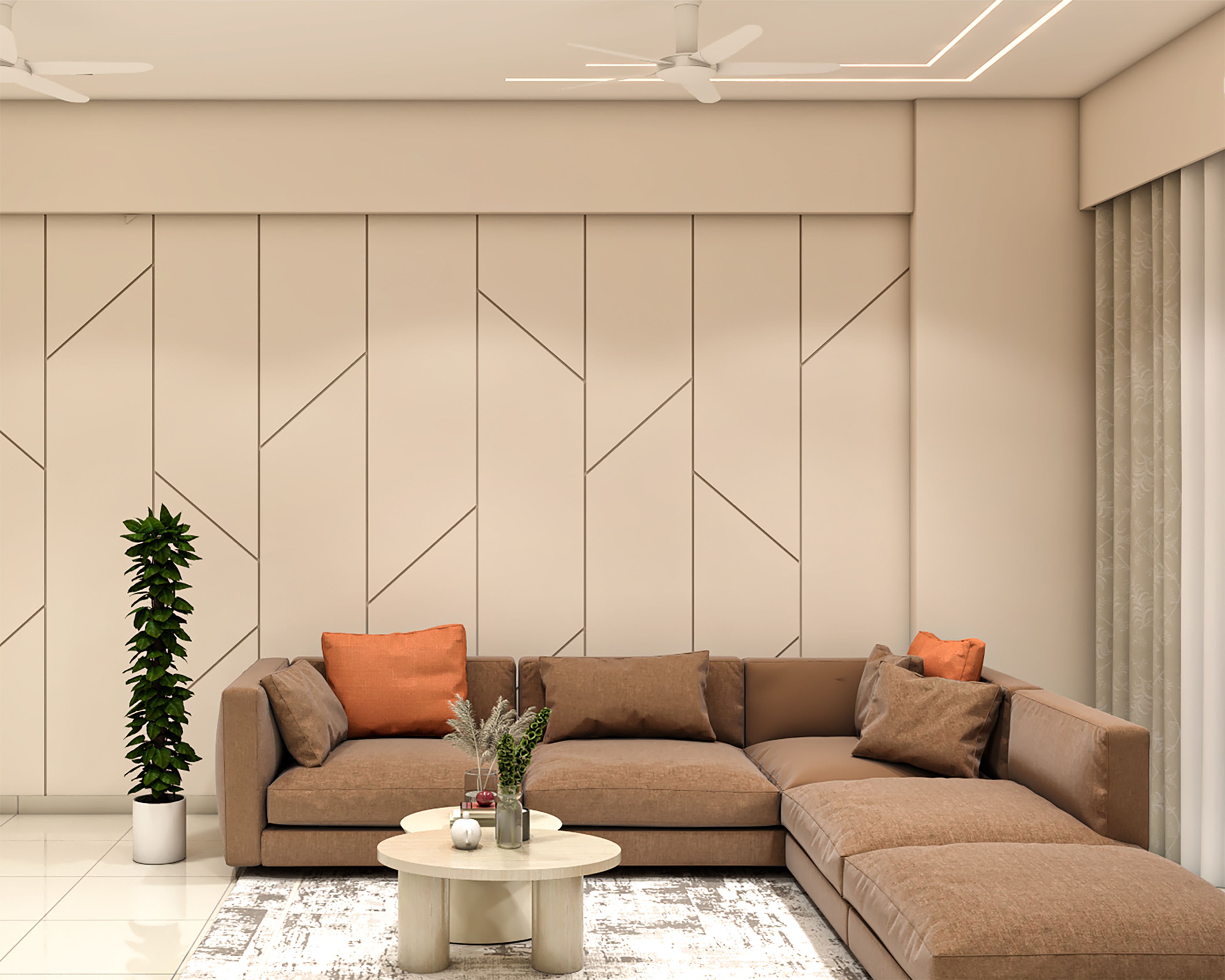 Modern Living Room Design with Brown L-Shaped Sofa and Coffee Table