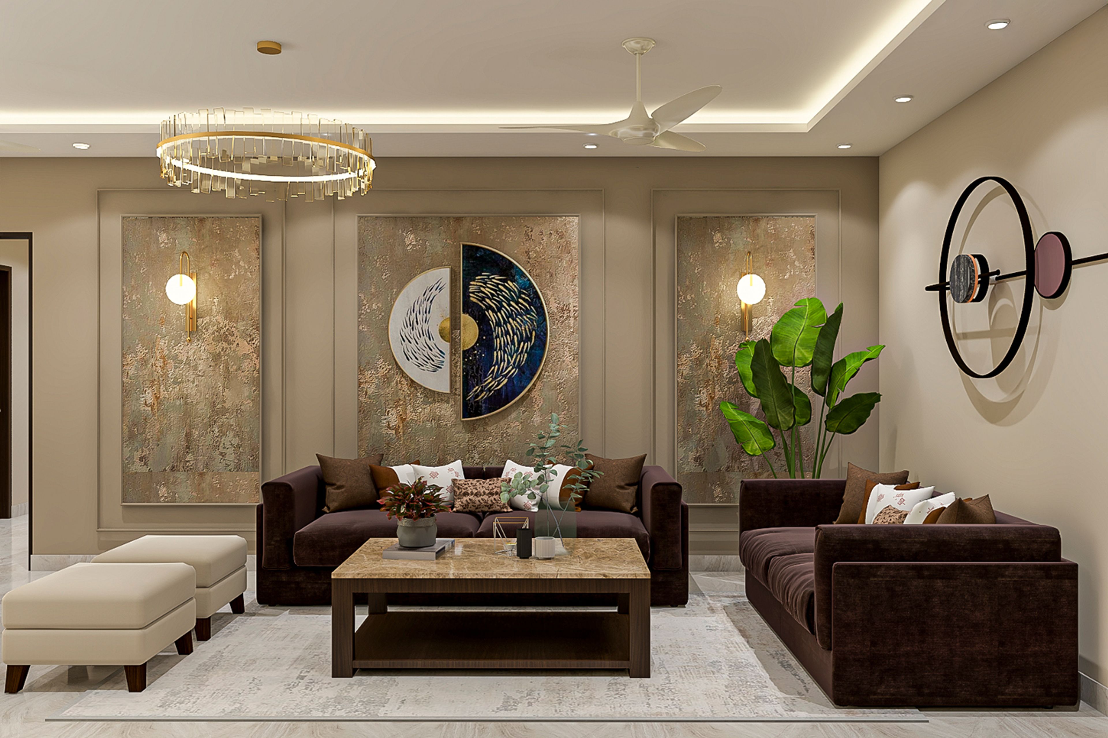 Contemporary Living Room Design with Storage Ottomans and Peacock Wall Art