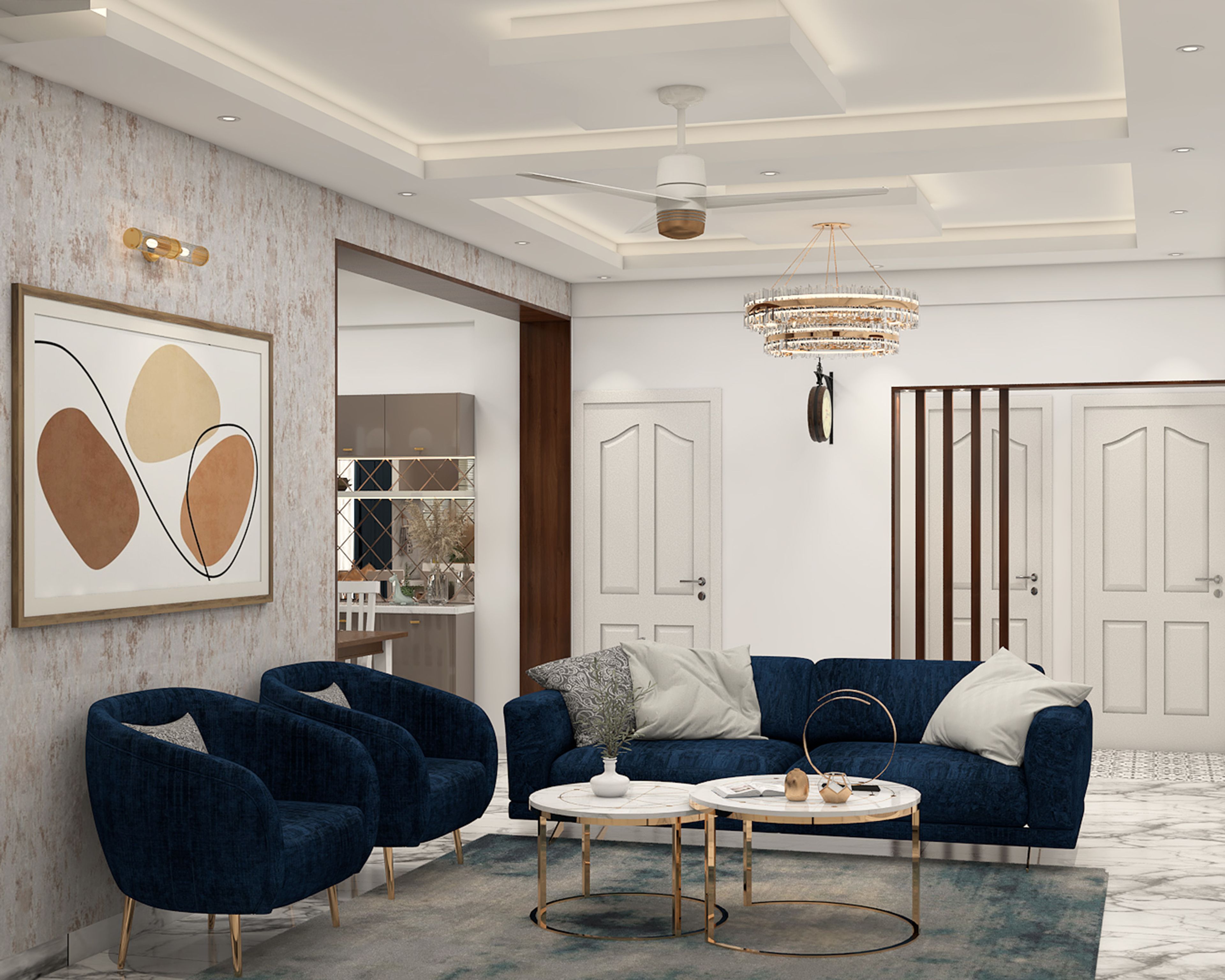 Contemporary Living Room Design with Navy 3-Seater Sofa and Marble Coffee Tables