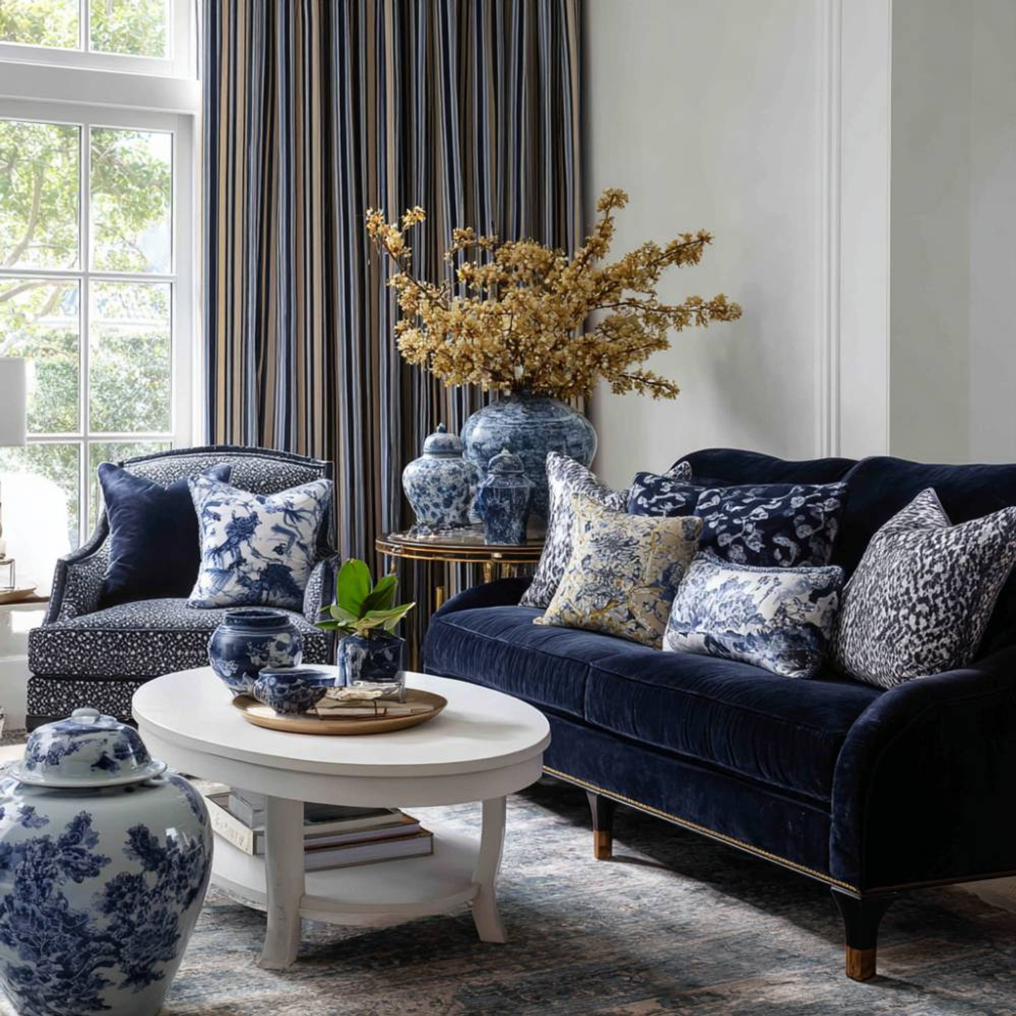 Living Room Design with Navy Blue Velvet Sofa, Oval Coffee Table and Patterned Accent Chair