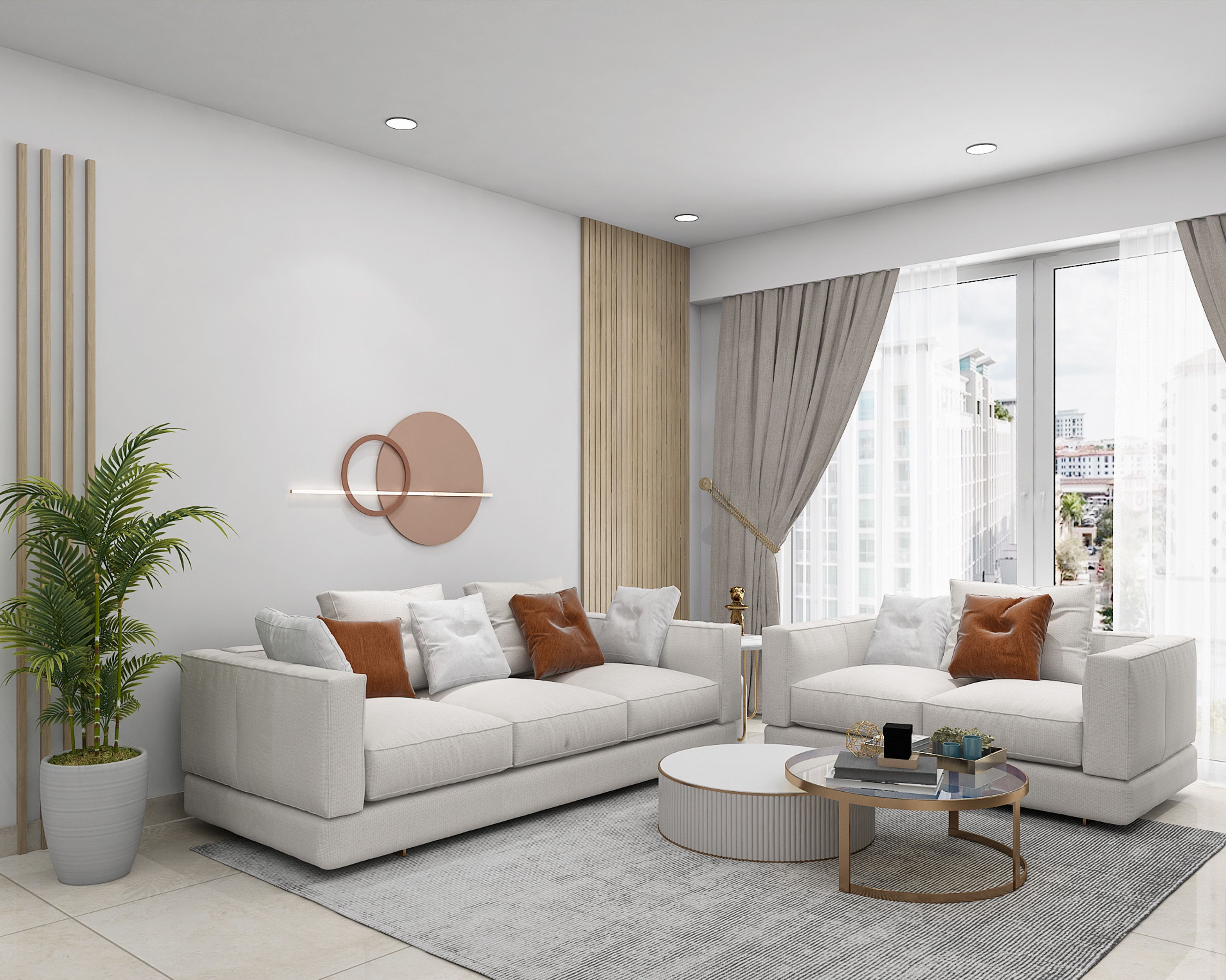Minimal Living Room Design with 3-Seater Light  Beige Sofa and Ribbed Coffee Table
