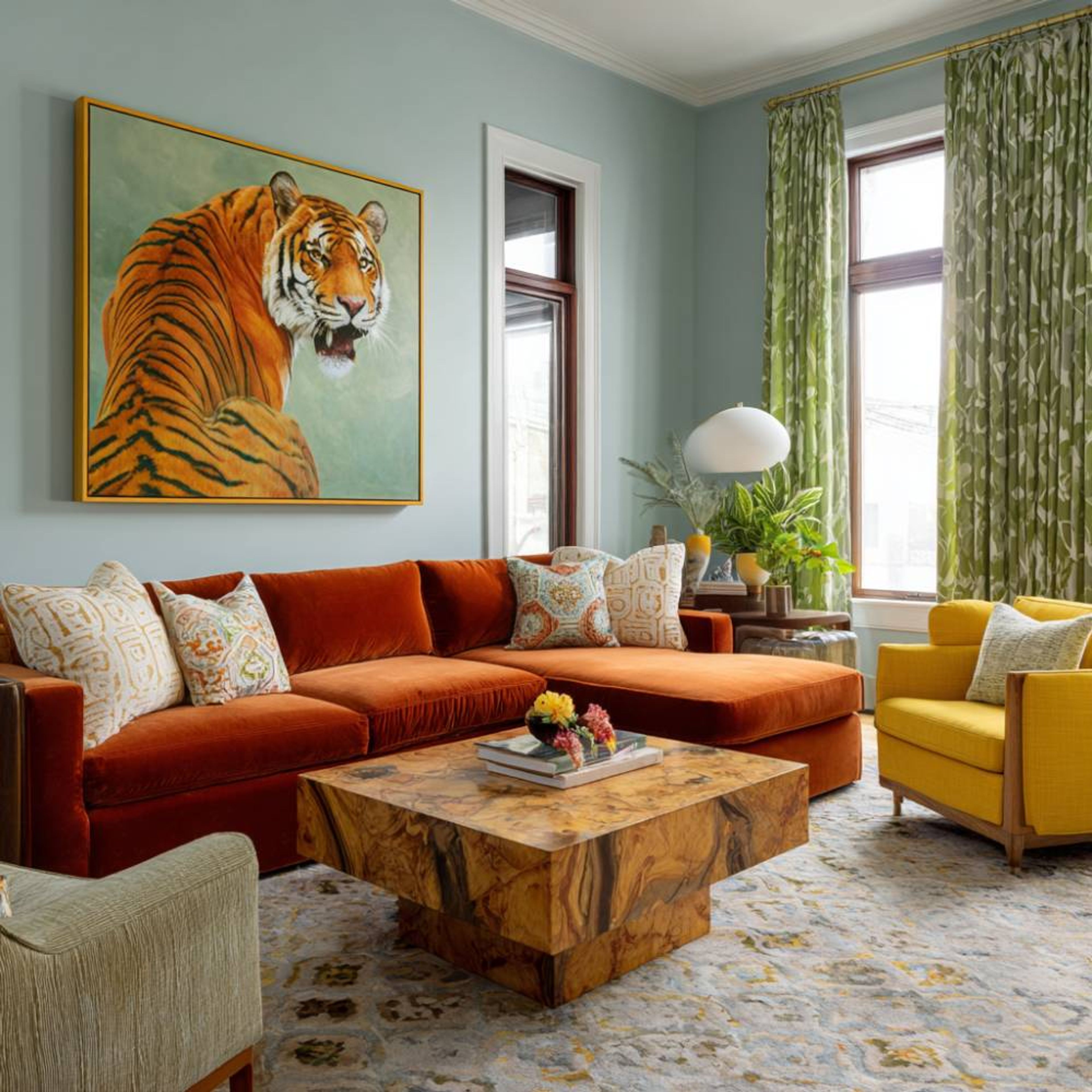 Living Room Design with Burnt Orange Sectional Sofa and Yellow Accent Armchair
